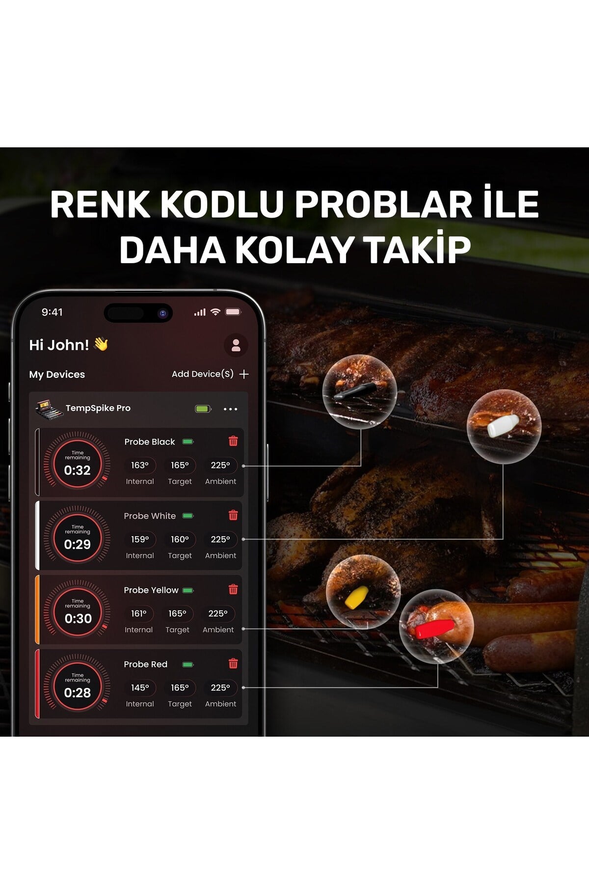 TP980-4 Şarjlı 320m Kablosuz Alarmlı 4Problu APP, Monitörlü Profesyonel Gıda Termometresi