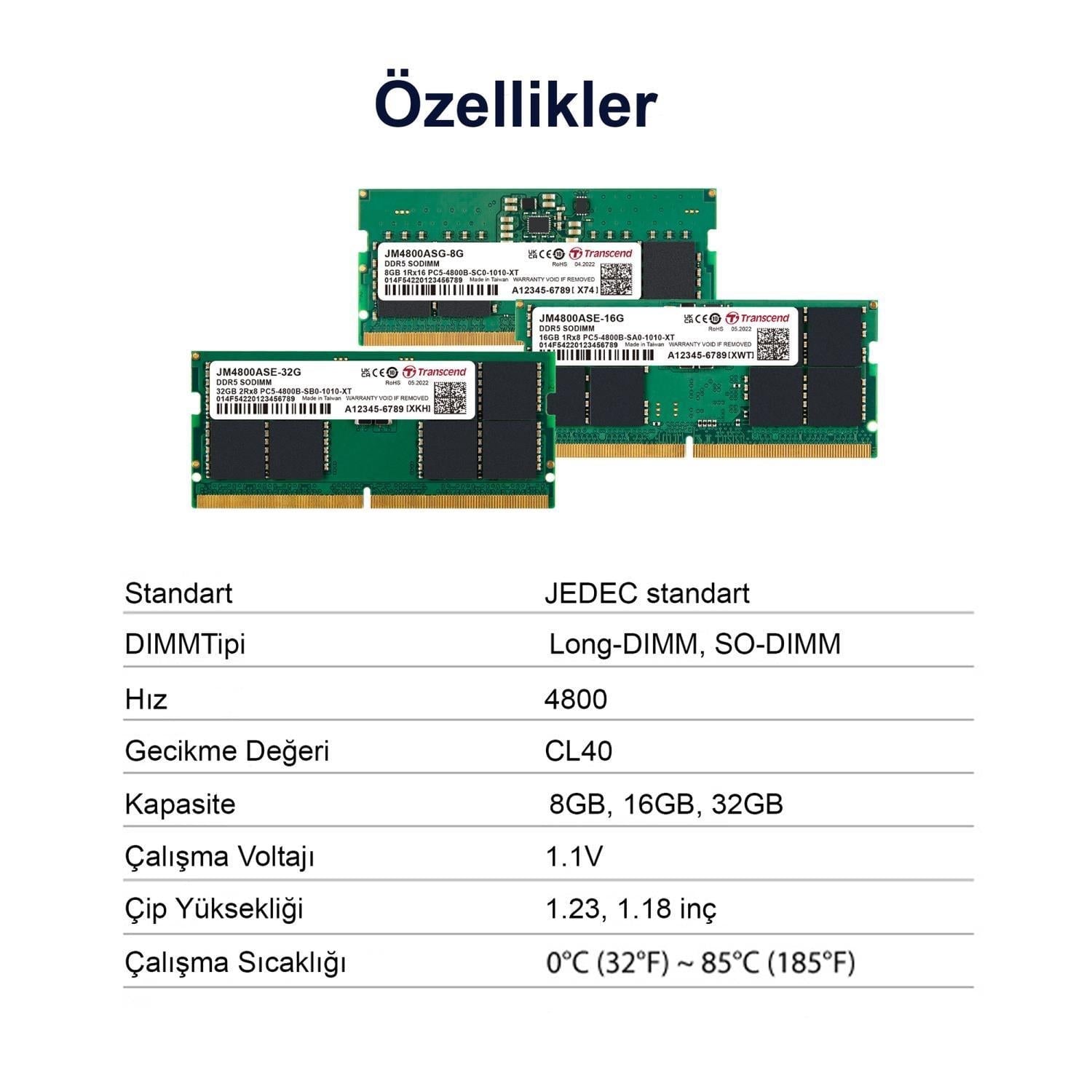 Transcend JM4800ASE-32G 32GB DDR5 4800Mhz CL40 1.1V Notebook Ram