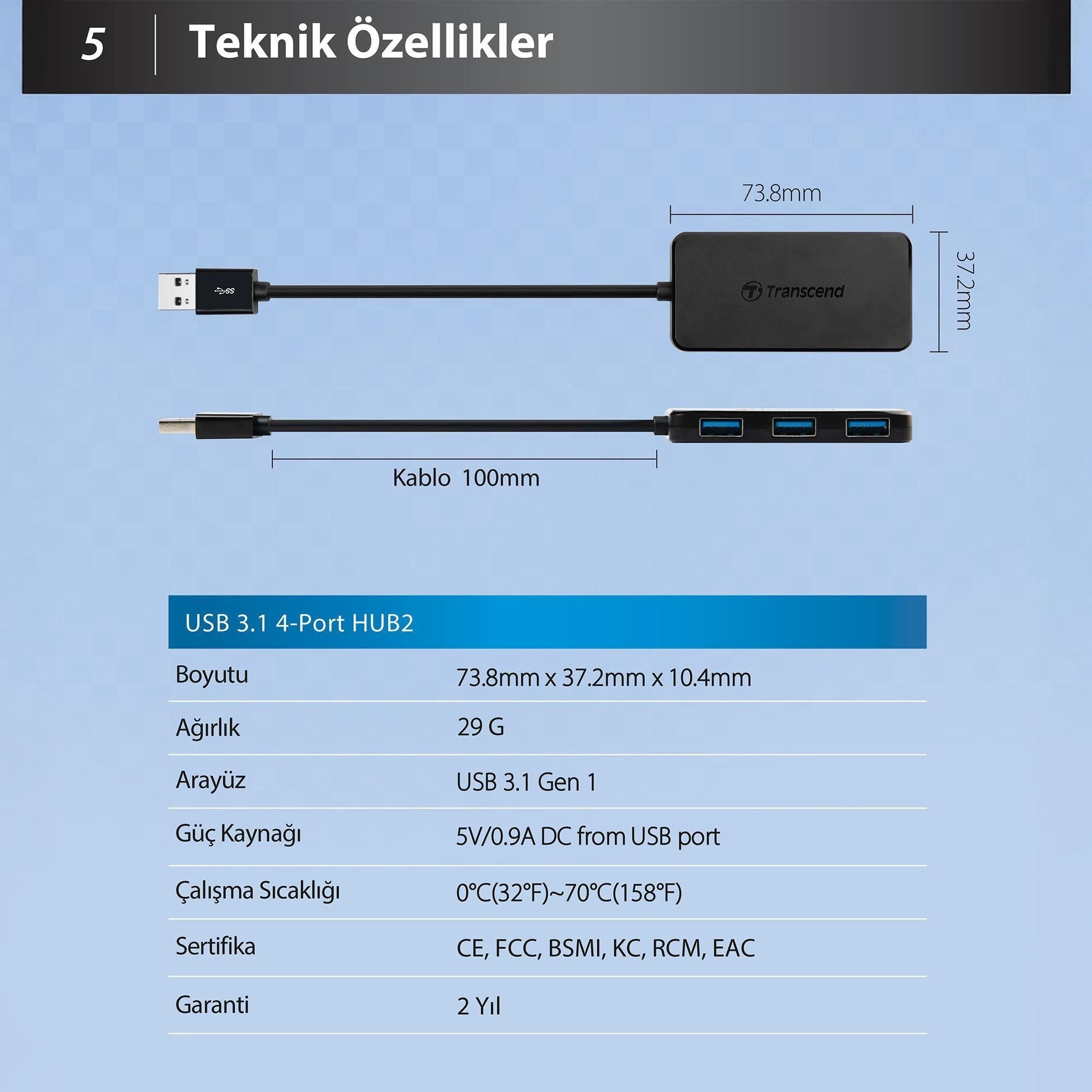 Transcend TS-HUB2K USB 3.1 Gen 1, USB A to 4 Port USB Çoklayıcı HUB