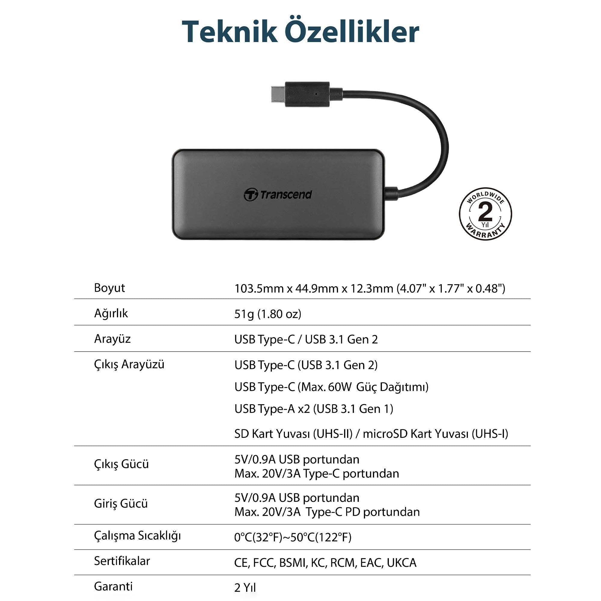 Transcend TS-HUB5C 2-Port Type-A,1-Port Type-C,1-Port PD,SD/MicroSD Gen 2 Type C HUB & Kart Okuyucu