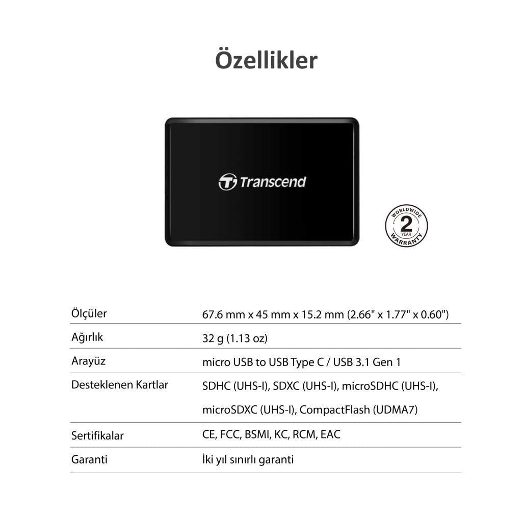 Transcend TS-RDC8K2 CF/SD/SDHC/SDXC/microSD  Type-C Çoklu Kart Okuyucu