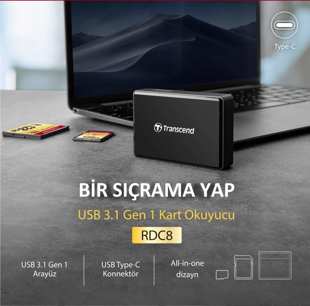 Transcend TS-RDC8K2 CF/SD/SDHC/SDXC/microSD  Type-C Çoklu Kart Okuyucu
