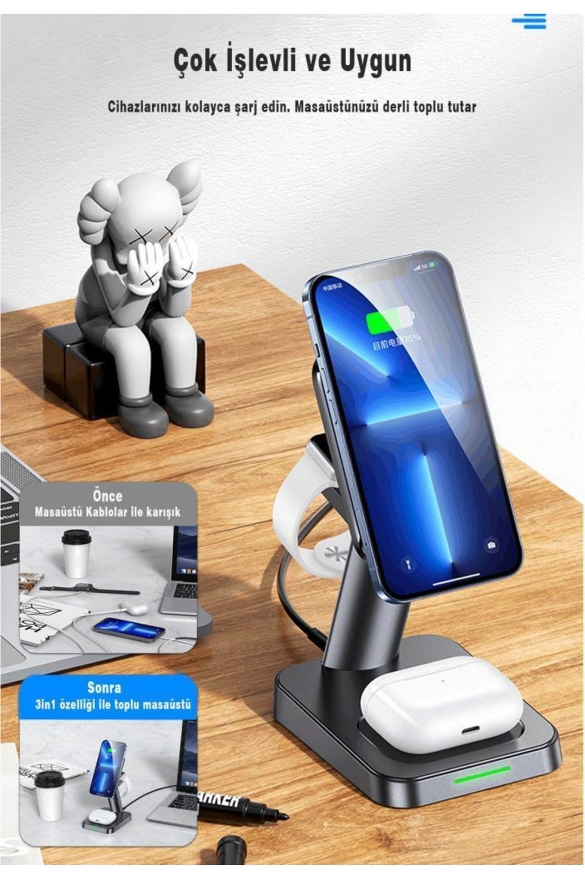 Us-cc150 20w 3in1 Typec Iphone//Iwatch  Manyetik Kablosuz Şarj Standı