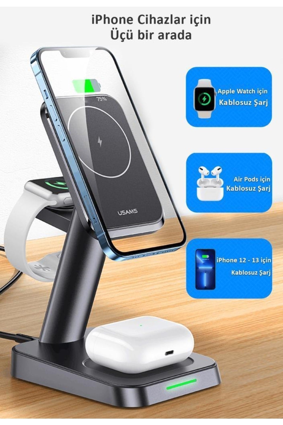 Us-cc150 20w 3in1 Typec Iphone//Iwatch  Manyetik Kablosuz Şarj Standı