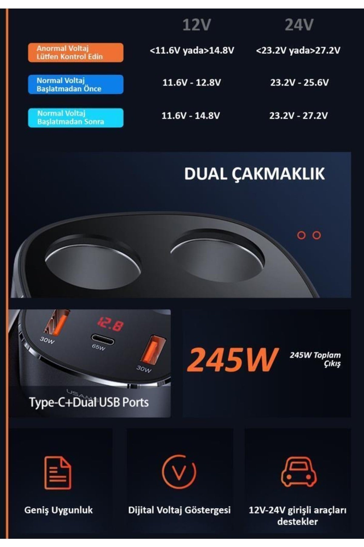 Us-cc151 245w Şarj Organizeri + Us-sj546 100w Göstergeli Type-c Kablo(karavan,araç Hızlı Şarj
