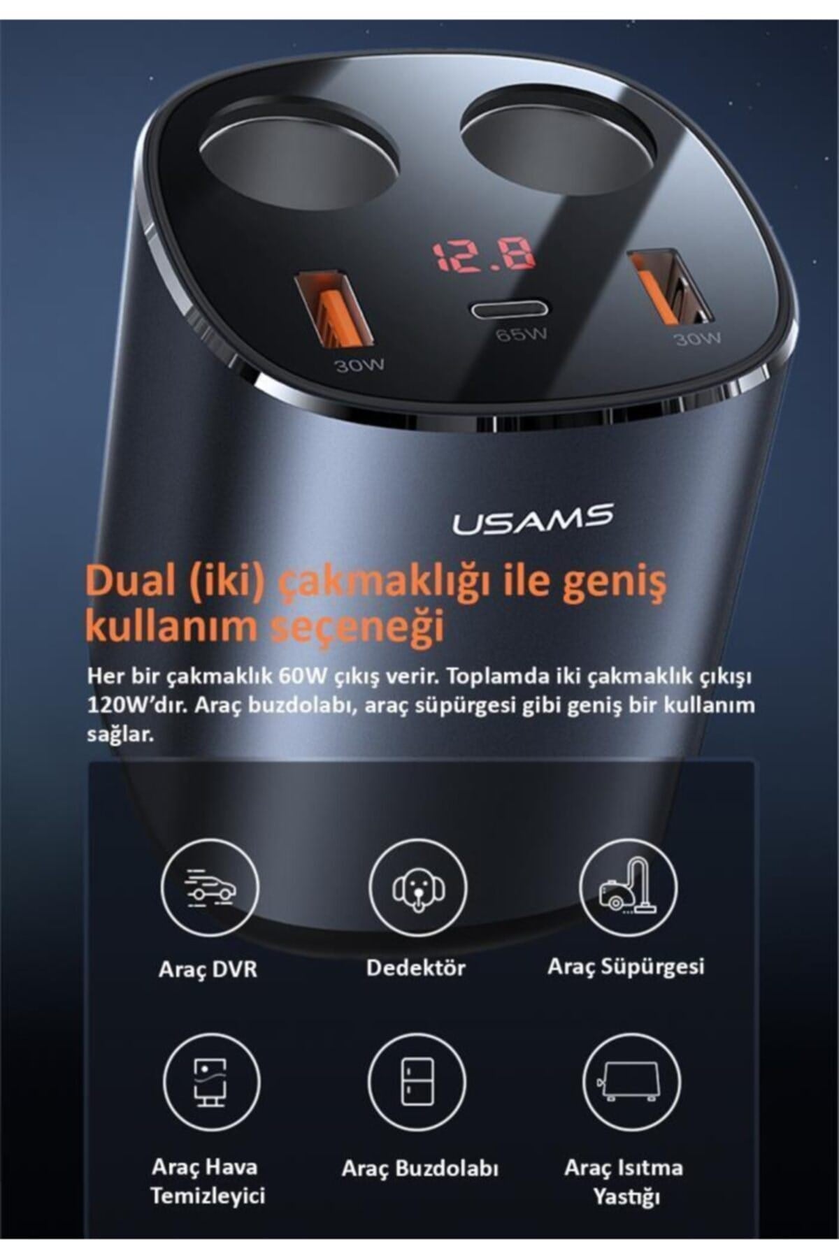 Us-cc151 Dijital Göstergeli 2x30w Usb+1x65w Pd+2x60w Çakmaklık 245w Araç Hızlı Şarj Organizeri