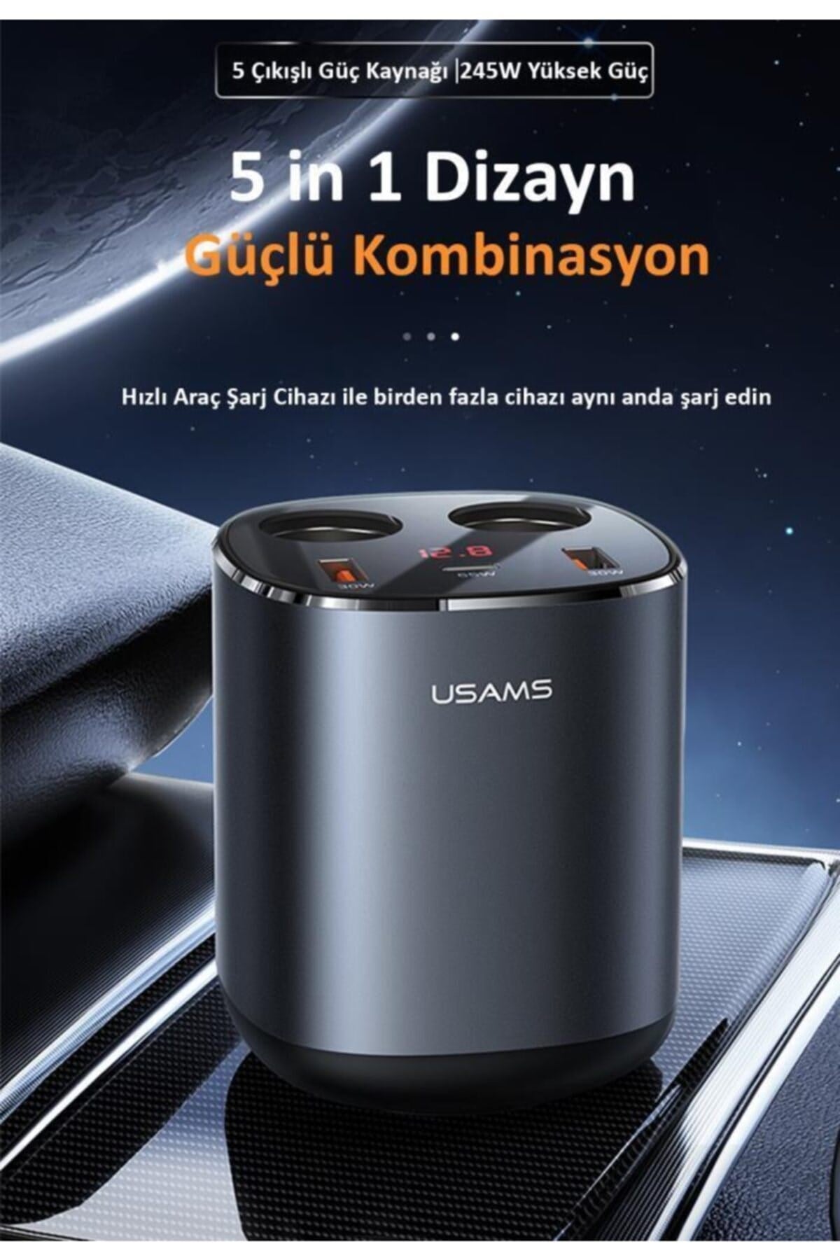 Us-cc151 Dijital Göstergeli 2x30w Usb+1x65w Pd+2x60w Çakmaklık 245w Araç Hızlı Şarj Organizeri