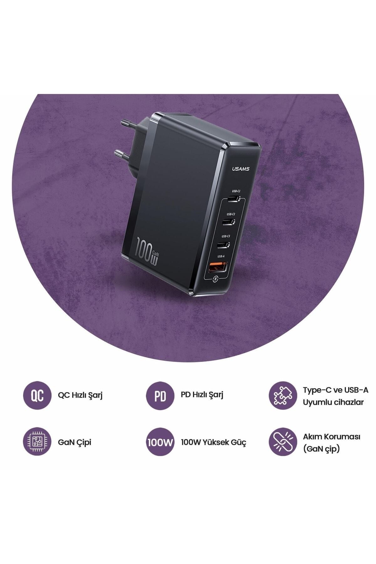 Us-cc163 T50 100w Qc+pd 4 Port (3type-c+1usb) Gan Hızlı Şarj Başlığı-siyah