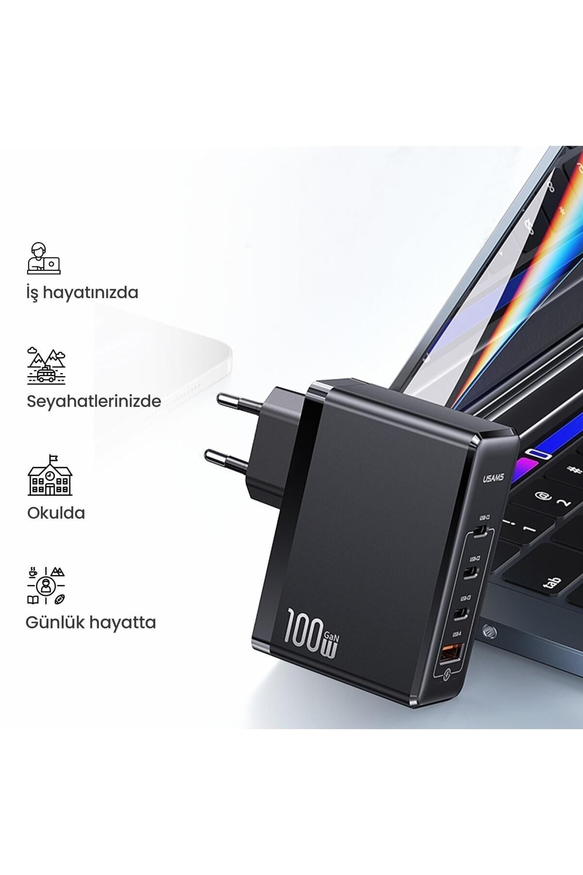Us-cc163 T50 100w Qc+pd 4 Port (3type-c+1usb) Gan Hızlı Şarj Başlığı-siyah