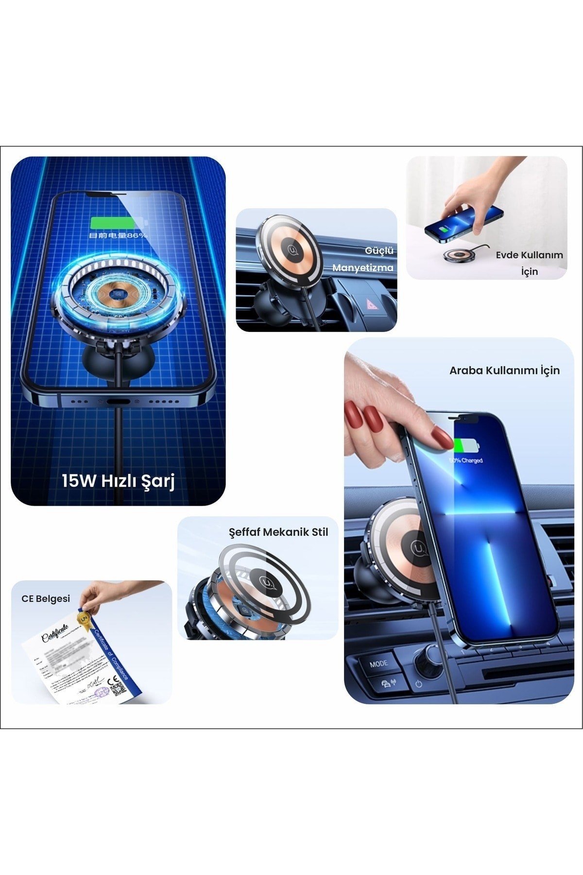 Us-cd164 15w 3in1 Ultra-slim Ev Ve Araç Için Iphone Magsafe Şarj Ve Araç Içi Telefon Tutucu