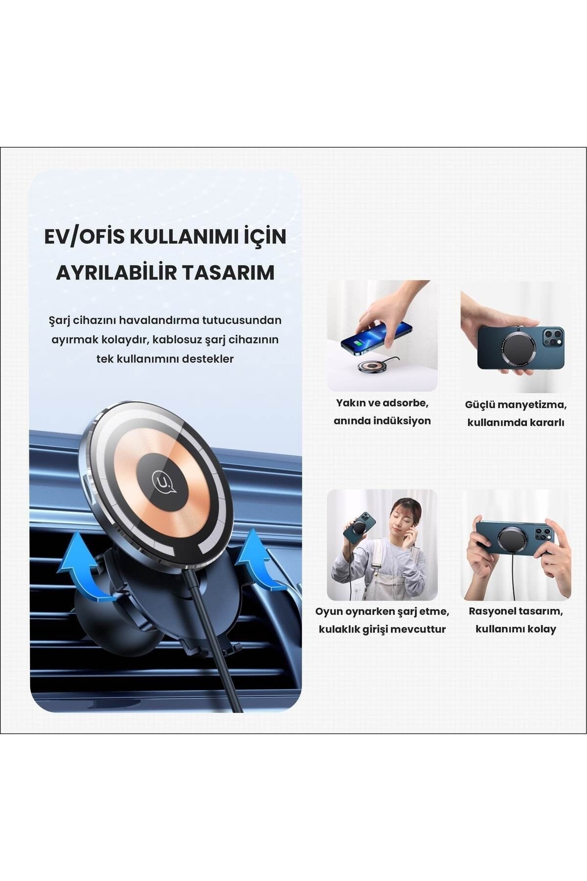 Us-cd164 15w 3in1 Ultra-slim Ev Ve Araç Için Iphone Magsafe Şarj Ve Araç Içi Telefon Tutucu
