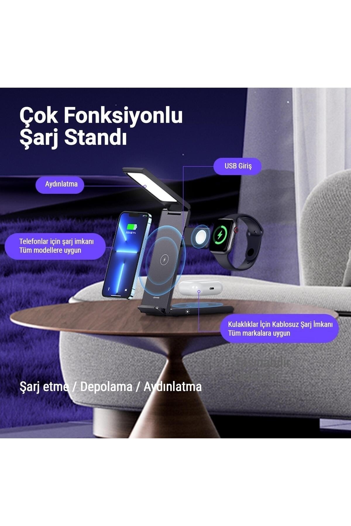 US-CD181 15W 3in1 Arada Masa Lambası Özellikli Katlanabilir Kablosuz Şarj Standı