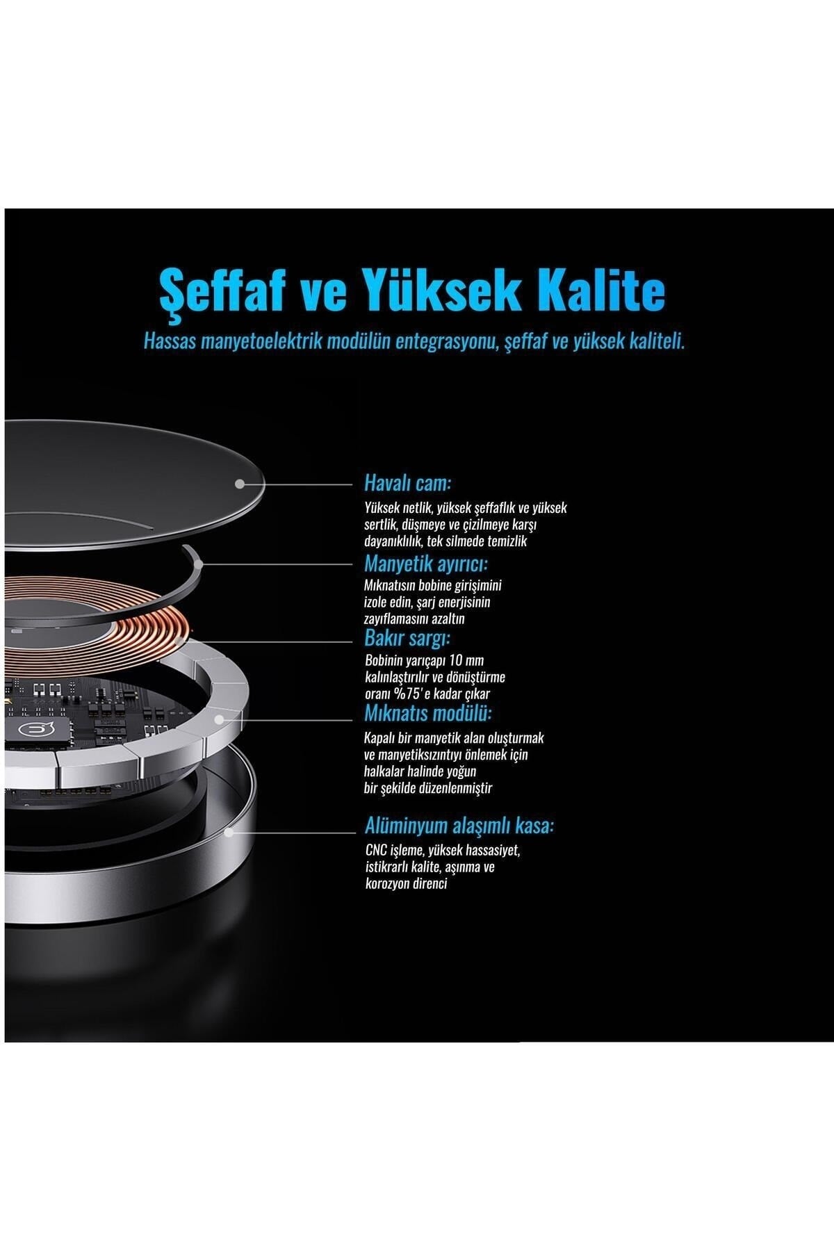 US-CD183 15W TypeC Magsafe, IPhone Manyetik Şeffaf Görünümlü Kablosuz Şarj Cihazı
