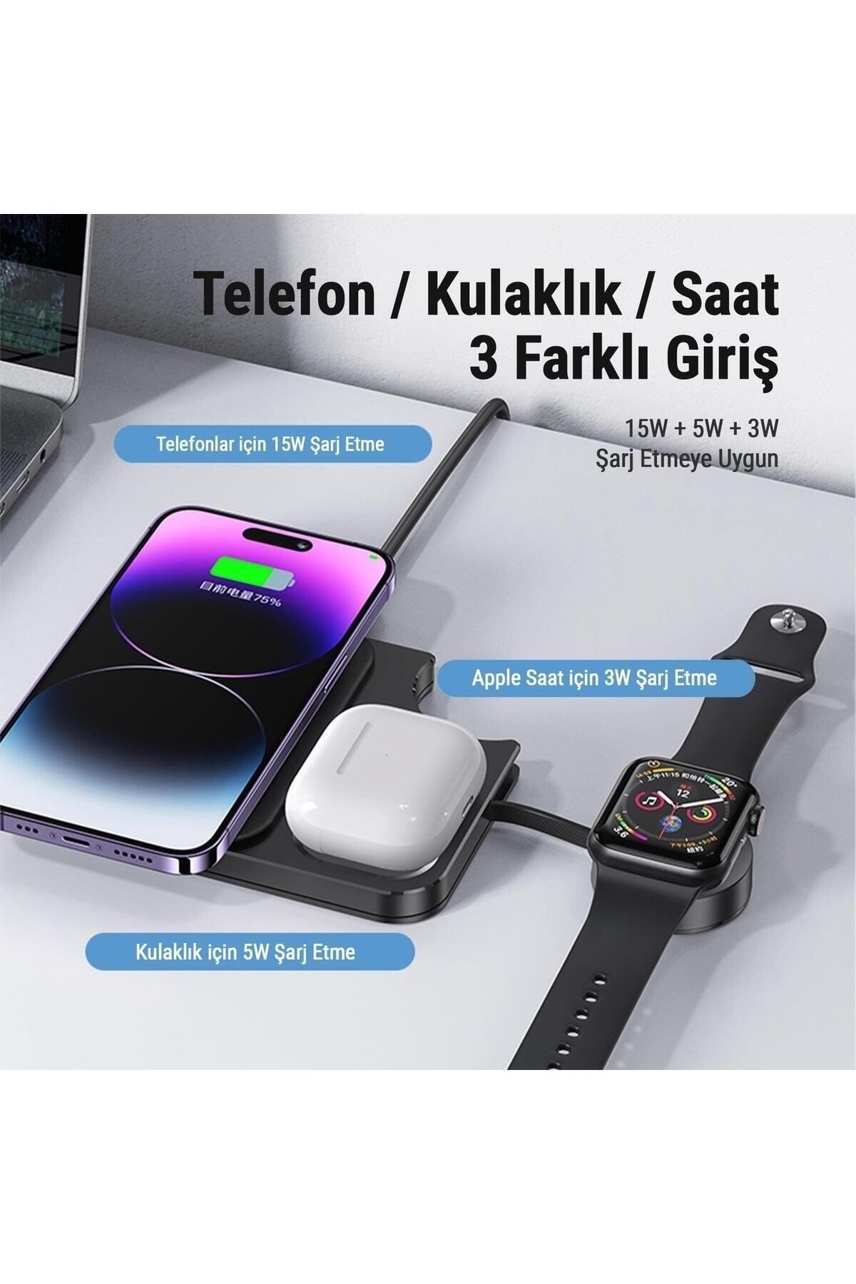 US-CD190 15W 3in1 Uyumlu Masaüstü Kablosuz Hızlı Şarj Cihazı