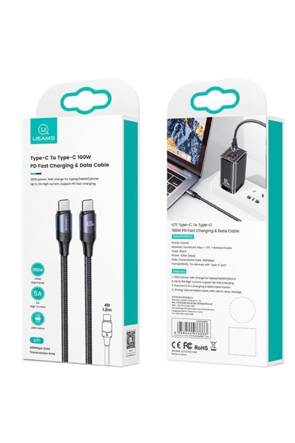 Us-sj524 Örgülü 1.2m Type-c To Type-c 100w Pd Hızlı Şarj Ve Data Kablosu