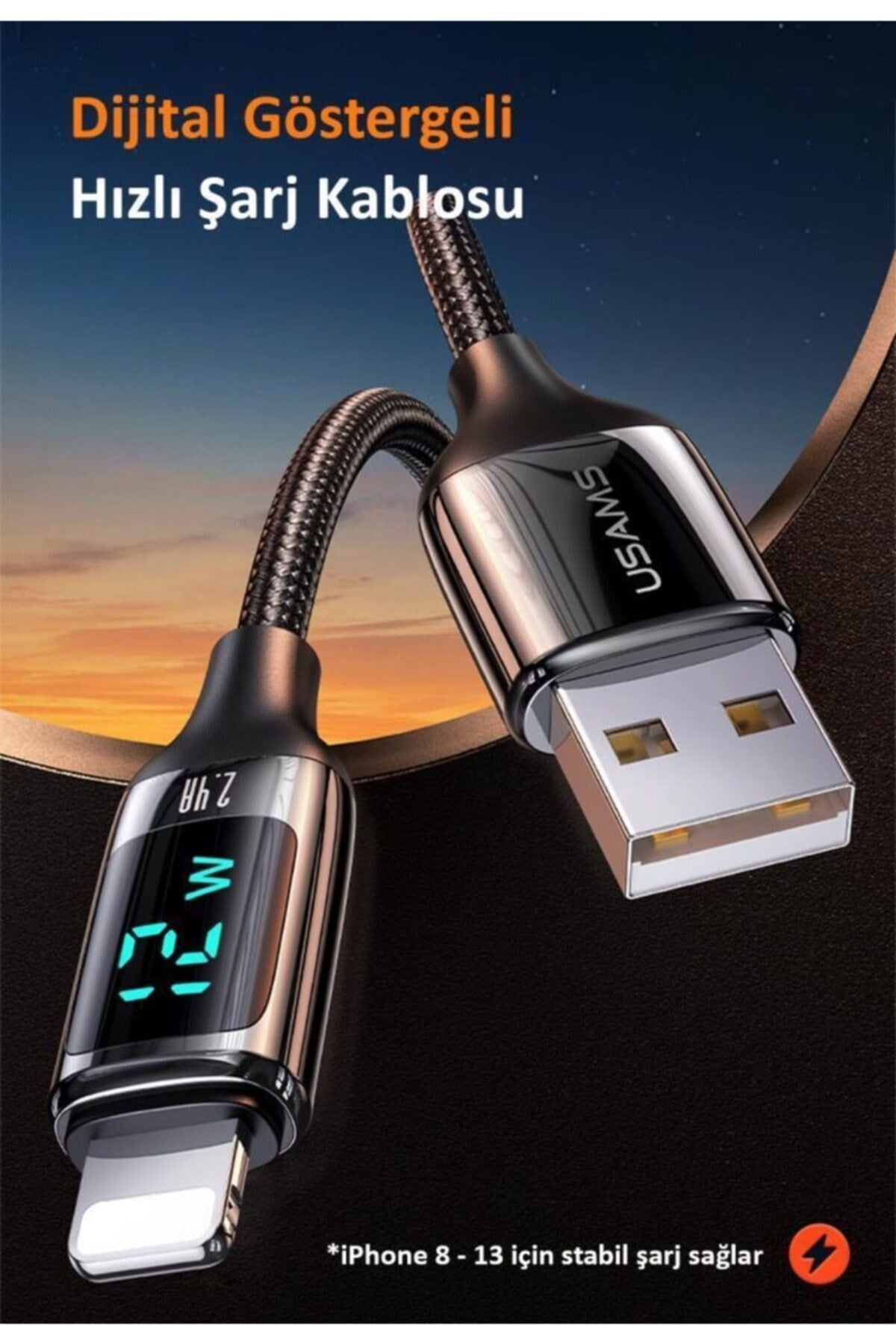 Us-sj543 Dijital Göstergeli,çipli,örgülü, 1.2m 2.4a Lightning Iphone Uyumlu Şarj Ve Data Kablosu