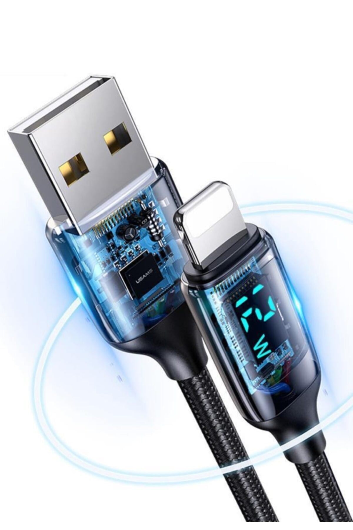 Us-sj543 Dijital Göstergeli,çipli,örgülü, 1.2m 2.4a Lightning Iphone Uyumlu Şarj Ve Data Kablosu