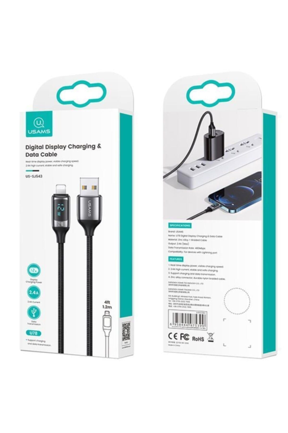 Us-sj543 Dijital Göstergeli,çipli,örgülü, 1.2m 2.4a Lightning Iphone Uyumlu Şarj Ve Data Kablosu