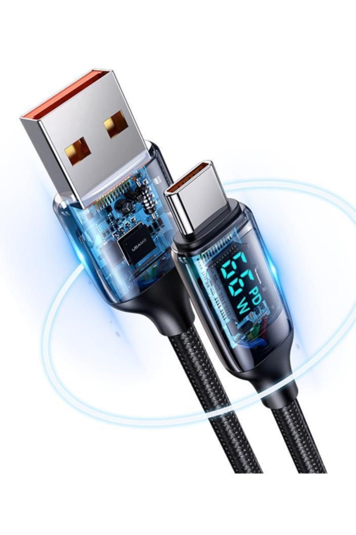 Us-sj544 Dijital Göstergeli,çipli,örgülü,1.2m Pd 66w Usb To Type-c Hızlı Şarj Ve Data Kablosu