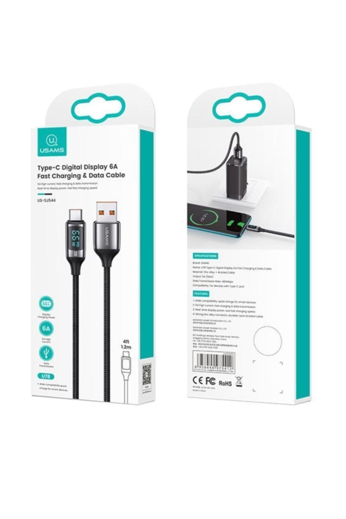 Us-sj544 Dijital Göstergeli,çipli,örgülü,1.2m Pd 66w Usb To Type-c Hızlı Şarj Ve Data Kablosu