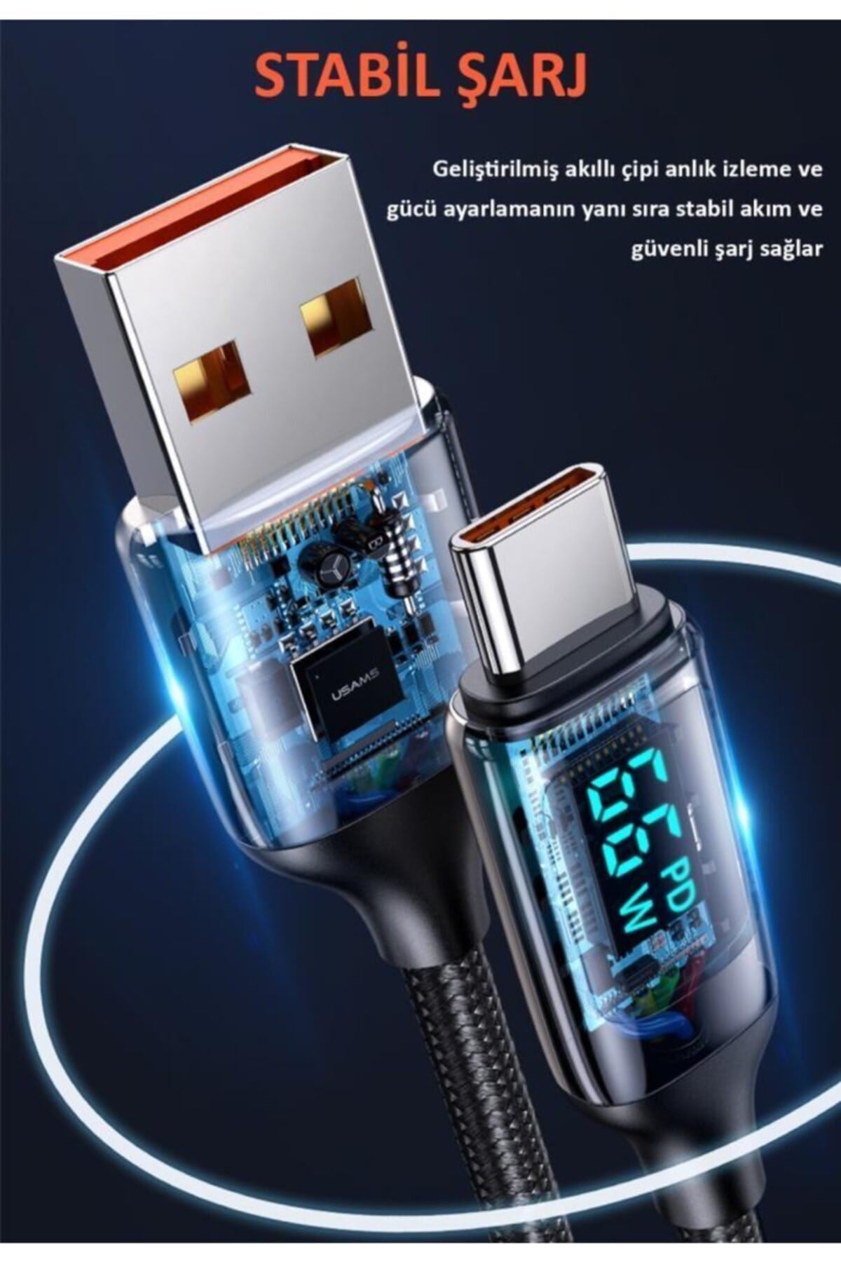 Us-sj544 Dijital Göstergeli,çipli,örgülü,1.2m Pd 66w Usb To Type-c Hızlı Şarj Ve Data Kablosu