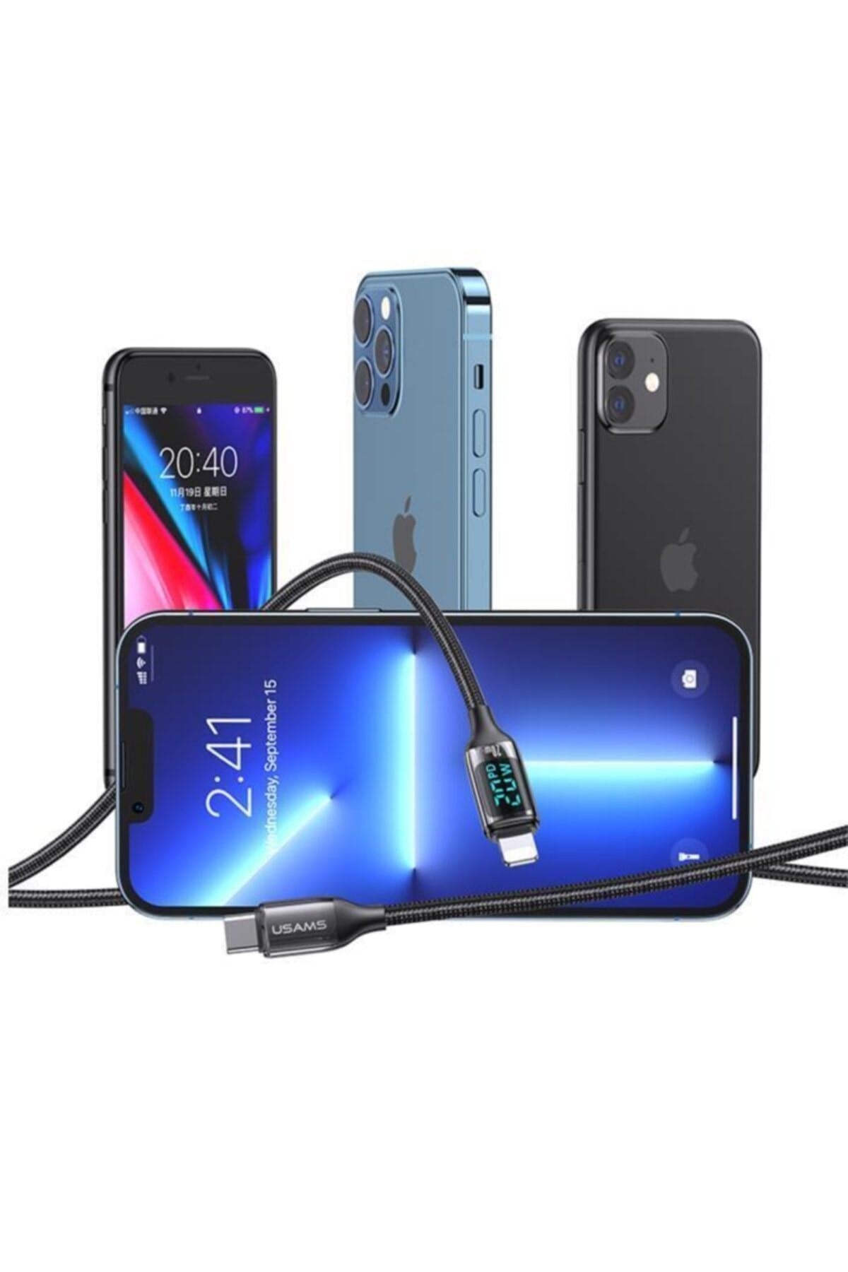 Us-sj545 Dijital Göstergeli 1.2m Pd 20w Type-c To Lightning Iphone Hızlı Şarj Ve Data Kablosu