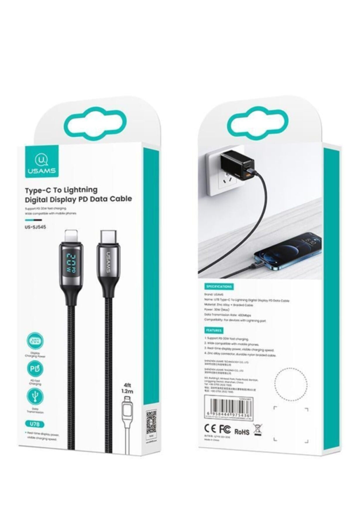 Us-sj545 Dijital Göstergeli 1.2m Pd 20w Type-c To Lightning Iphone Hızlı Şarj Ve Data Kablosu