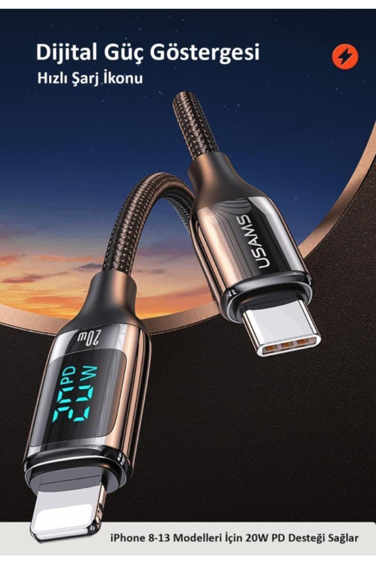 Us-sj545 Dijital Göstergeli 1.2m Pd 20w Type-c To Lightning Iphone Hızlı Şarj Ve Data Kablosu