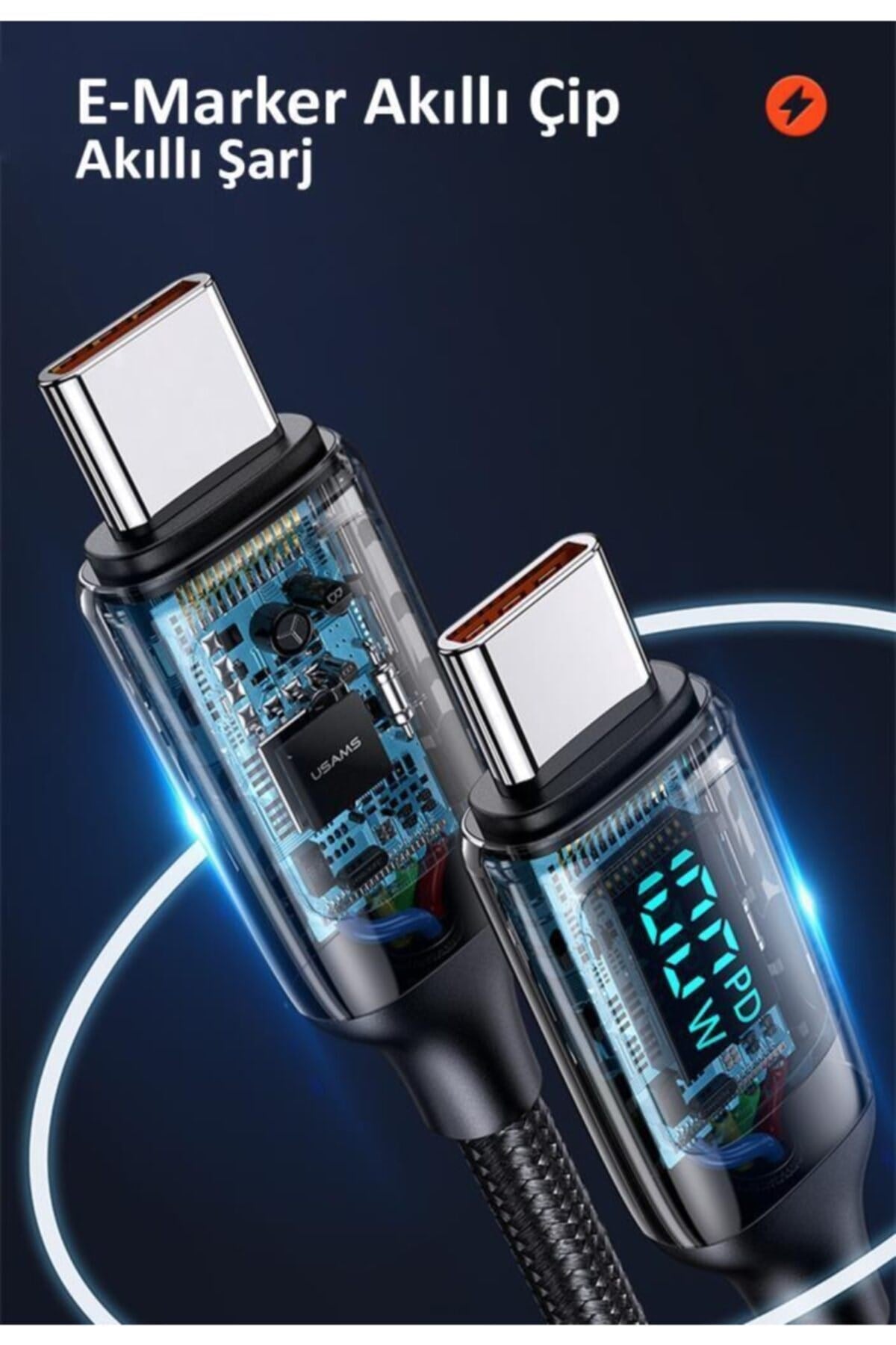 Us-sj546 Dijital Göstergeli Çipli, Örgülü, 1.2m Pd 100w Type-c Hızlı Şarj Ve Data Kablosu