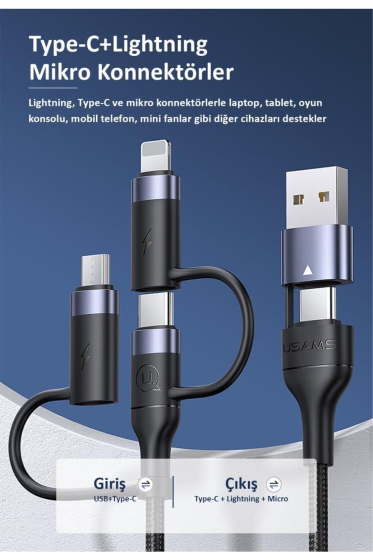 Us-sj547 Usb Type-c To Type-c Lightning Microusb,1.2m 60 Watt 6 In 1 Hızlı Şarj Ve Data Kablosu
