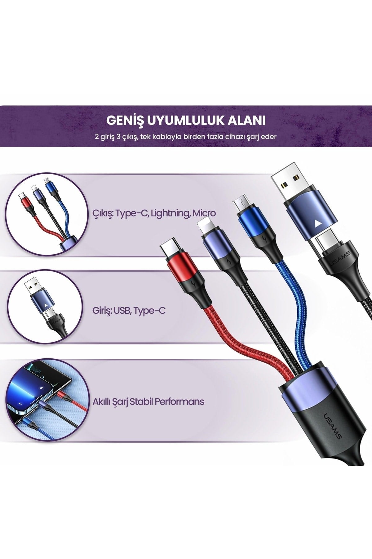 Us-sj549 Usb Type-c To Type-c Lightning Microusb,1.2m Pd 3a Hızlı Şarj Kablosu