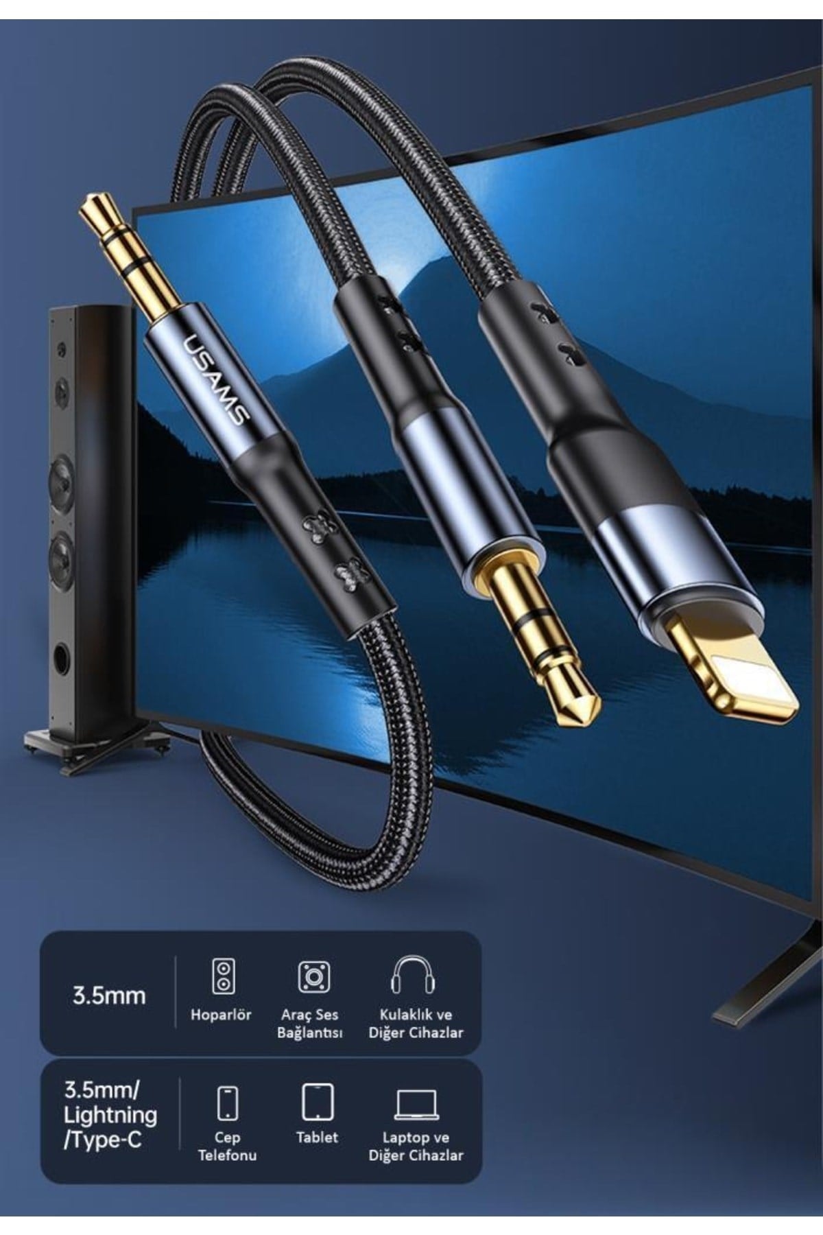 Us-sj554 2in1 1.2m 3.5mm Ses+lightning To 3.5mm Ses Kablosu