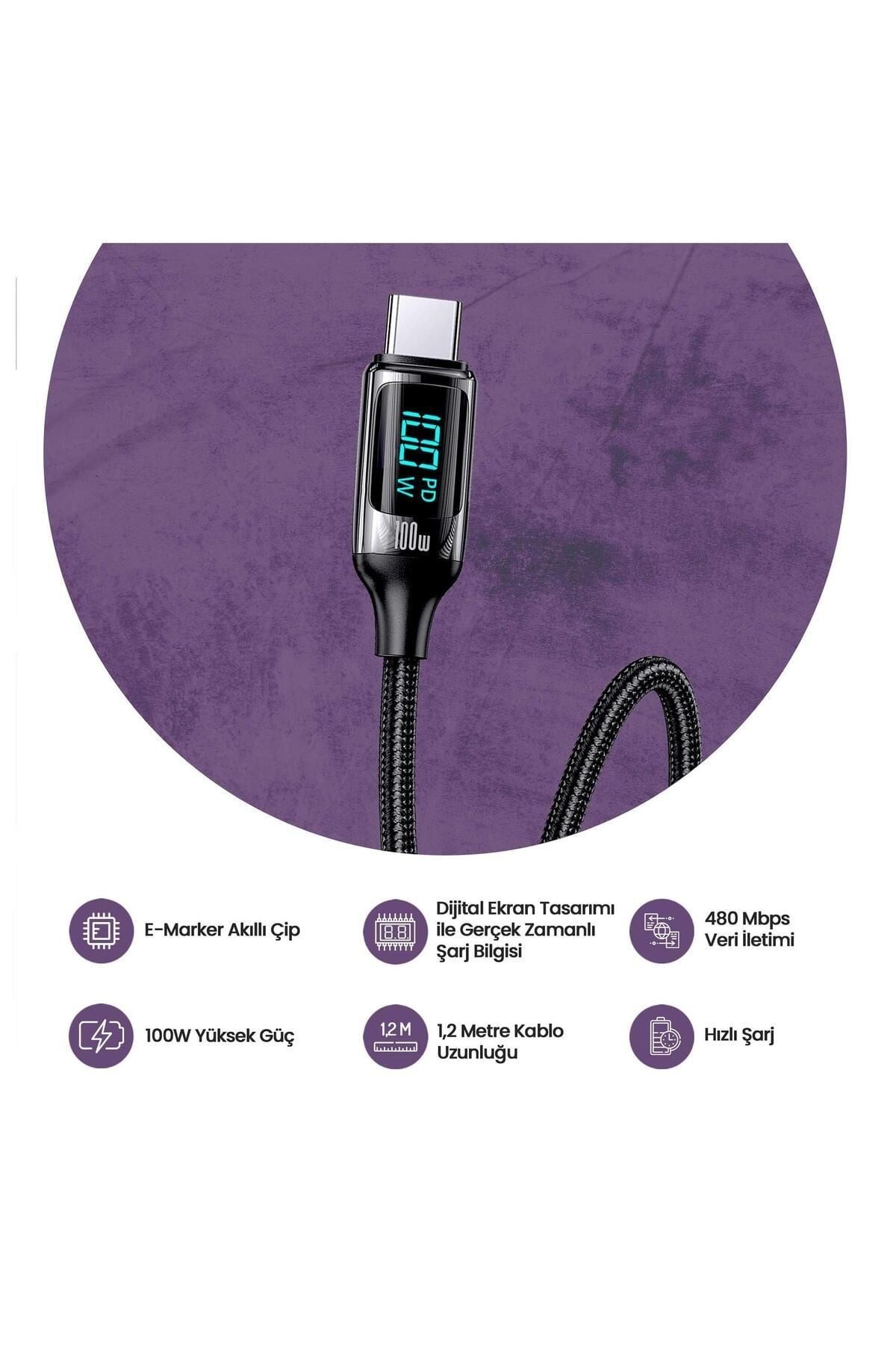 Us-sj558 Dijital Göstergeli Çipli, Örgülü, 2m Pd 100w Type-c Hızlı Şarj Ve Data Kablosu