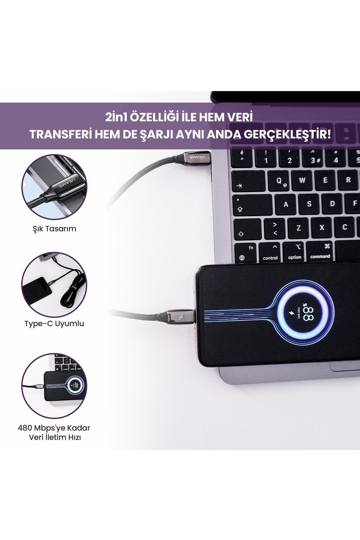 Us-sj581 Pd3.1 Type-c To Type-c Çinko Alaşım 240w Hızlı Şarj Ve Data Kablosu 2m