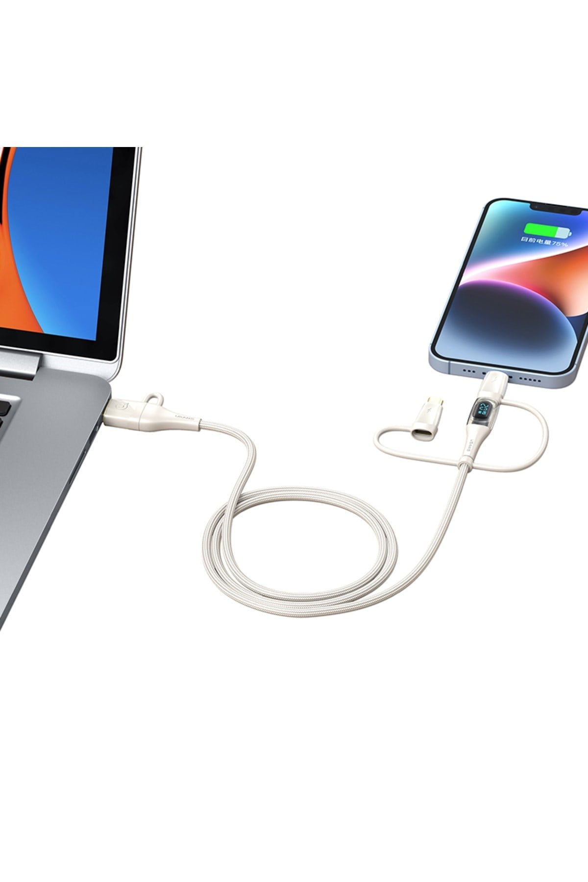 US-SJ616 Type-C+Lightning+MicroUSB, 6in1 Dijital Göstergeli PD100W Hızlı Şarj ve Data Kablosu