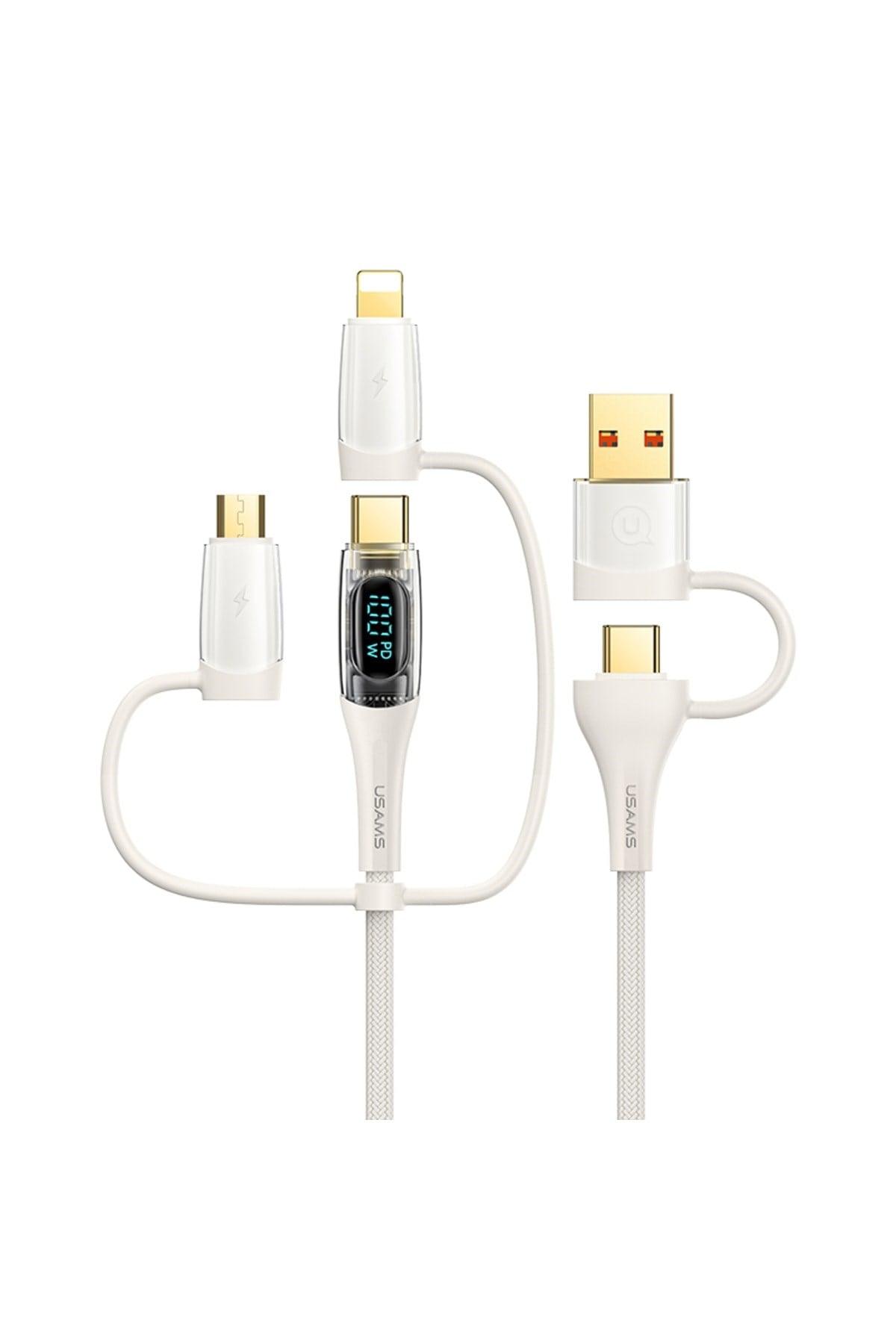 US-SJ616 Type-C+Lightning+MicroUSB, 6in1 Dijital Göstergeli PD100W Hızlı Şarj ve Data Kablosu