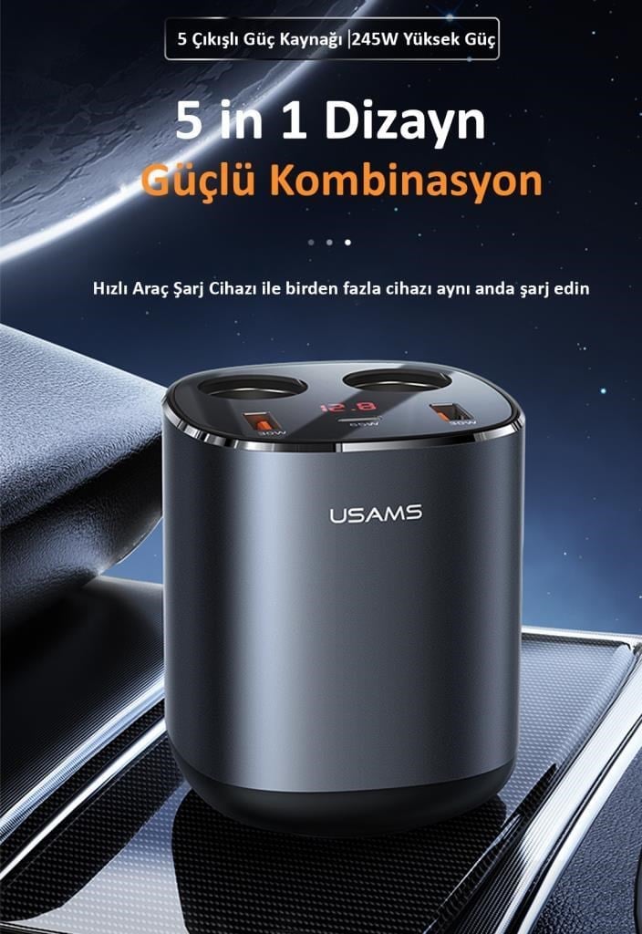 Usams US-CC151 Dijital Göstergeli 2x30w USB+1x65w PD+2x60w Çakmaklık 245w Araç Hızlı Şarj Organizeri