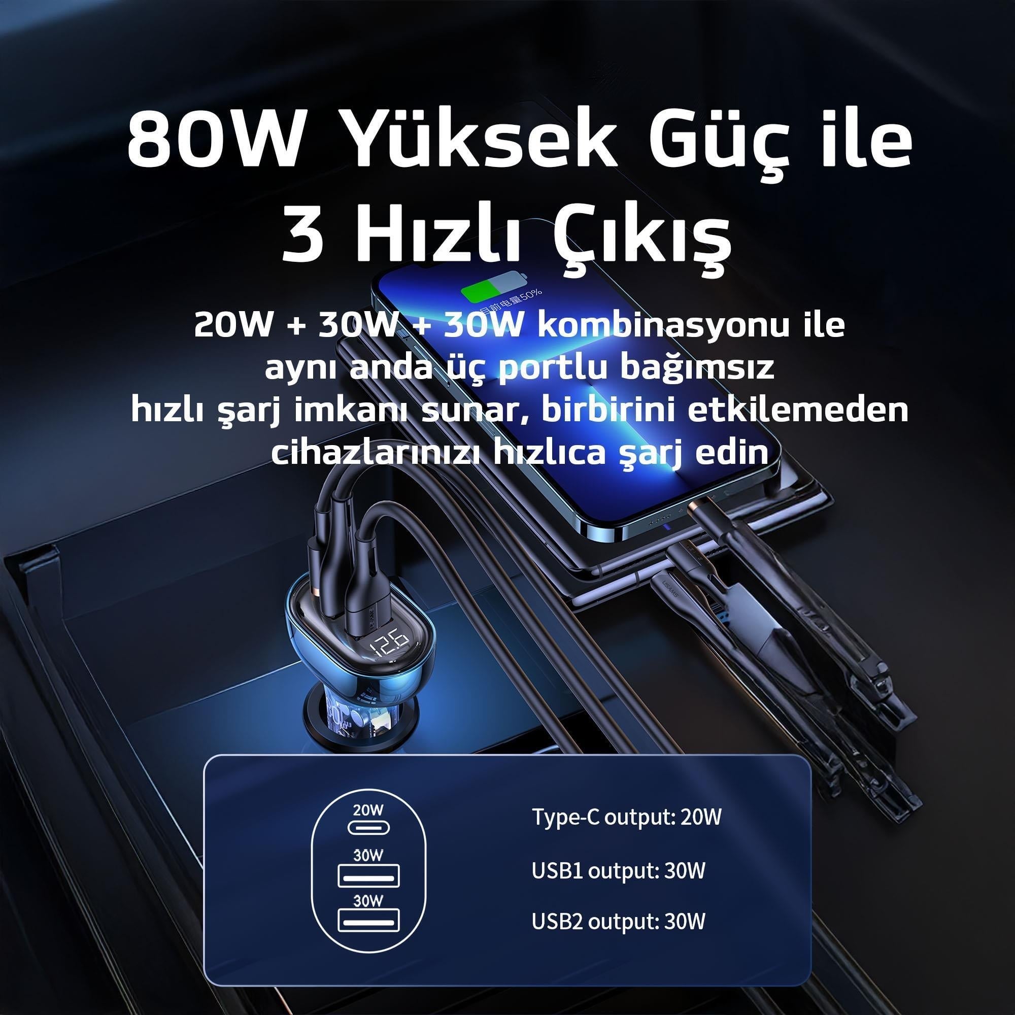 Usams US-CC159 80W (Type-C+USB) Üç Bağlantı Noktalı Hızlı Araç Şarj Soketi-Siyah