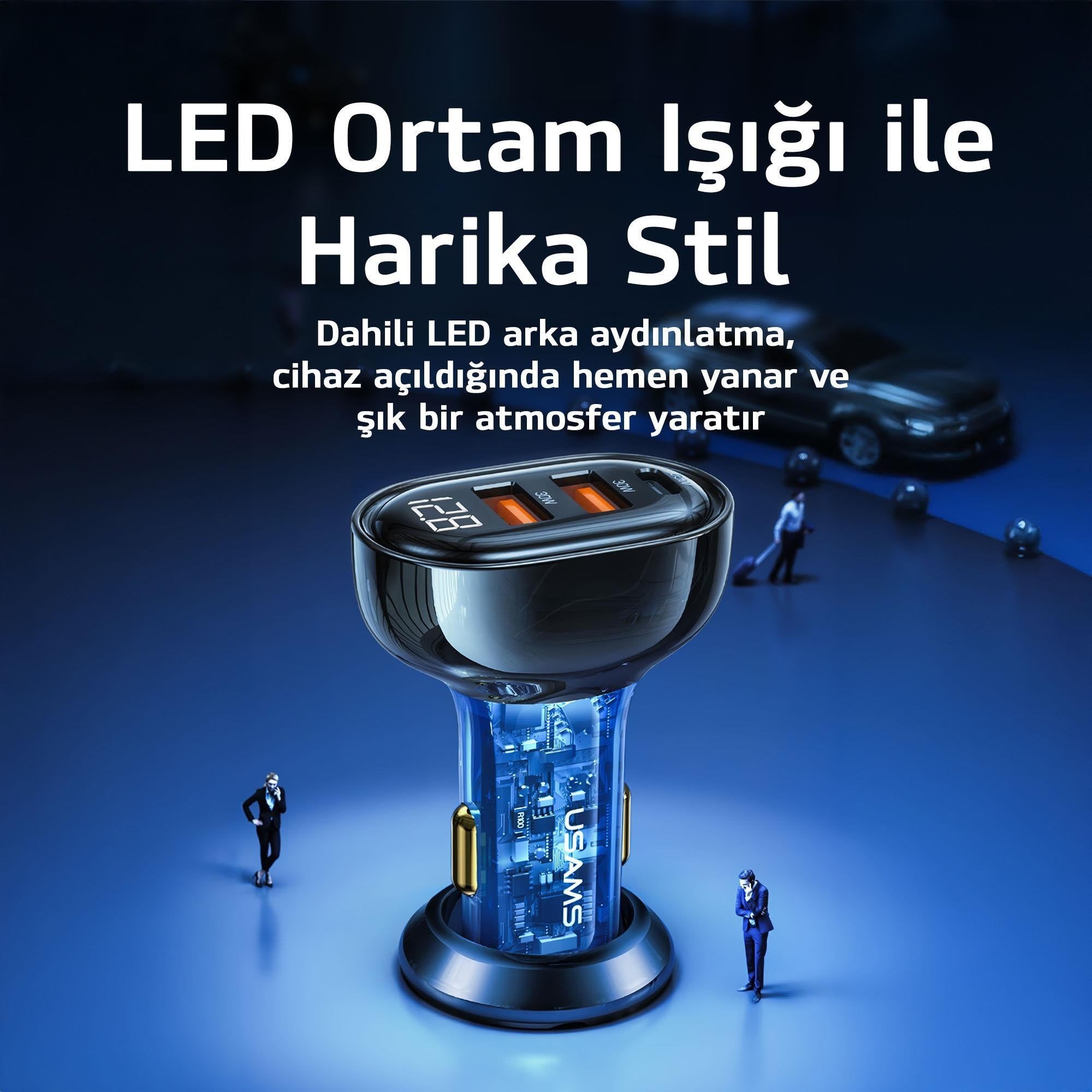 Usams US-CC159 80W (Type-C+USB) Üç Bağlantı Noktalı Hızlı Araç Şarj Soketi-Siyah