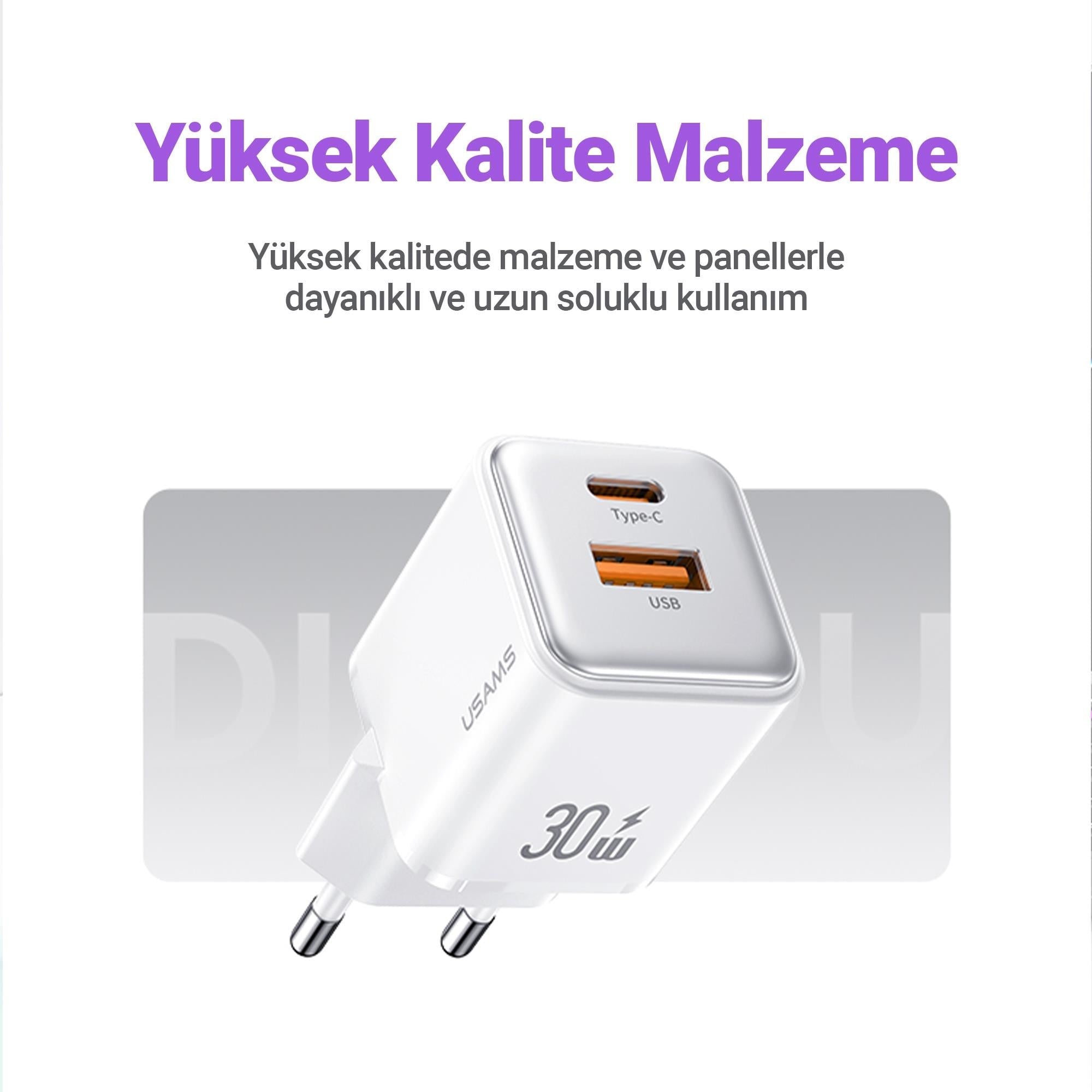 Usams US-CC189P 30W QC+PD (Type-C+USB) Mini Hızlı Şarj Başlığı-Mor