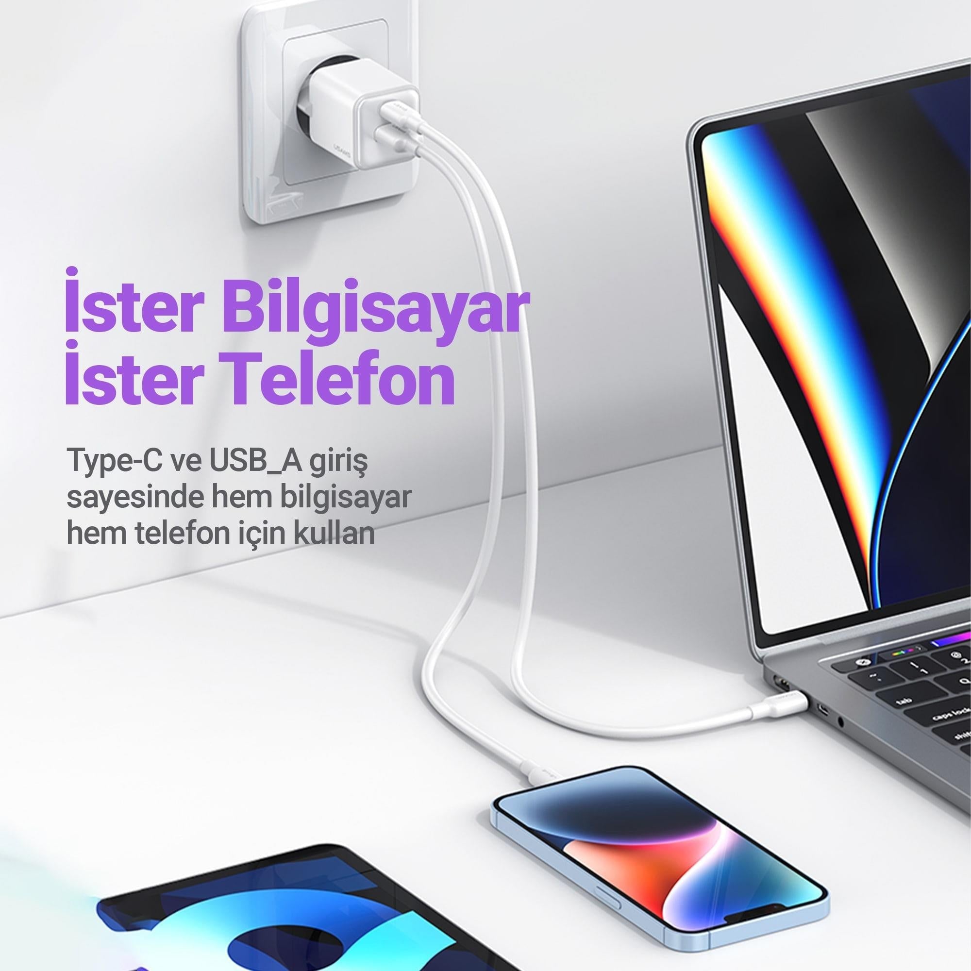 Usams US-CC189P 30W QC+PD (Type-C+USB) Mini Hızlı Şarj Başlığı-Mor