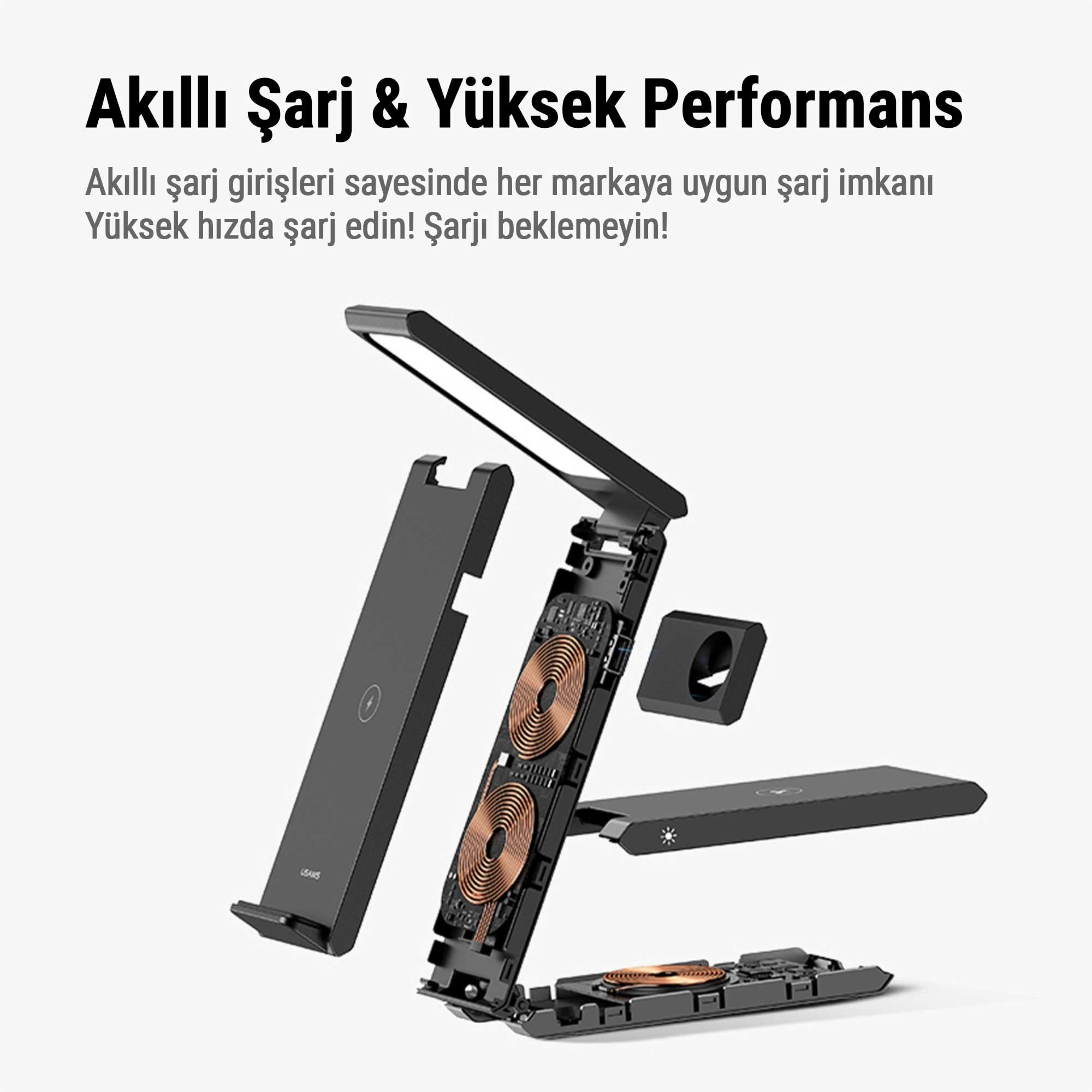 Usams US-CD181 15W 3in1 Arada Masa Lambası Özellikli Katlanabilir Kablosuz Şarj Standı OUTLET