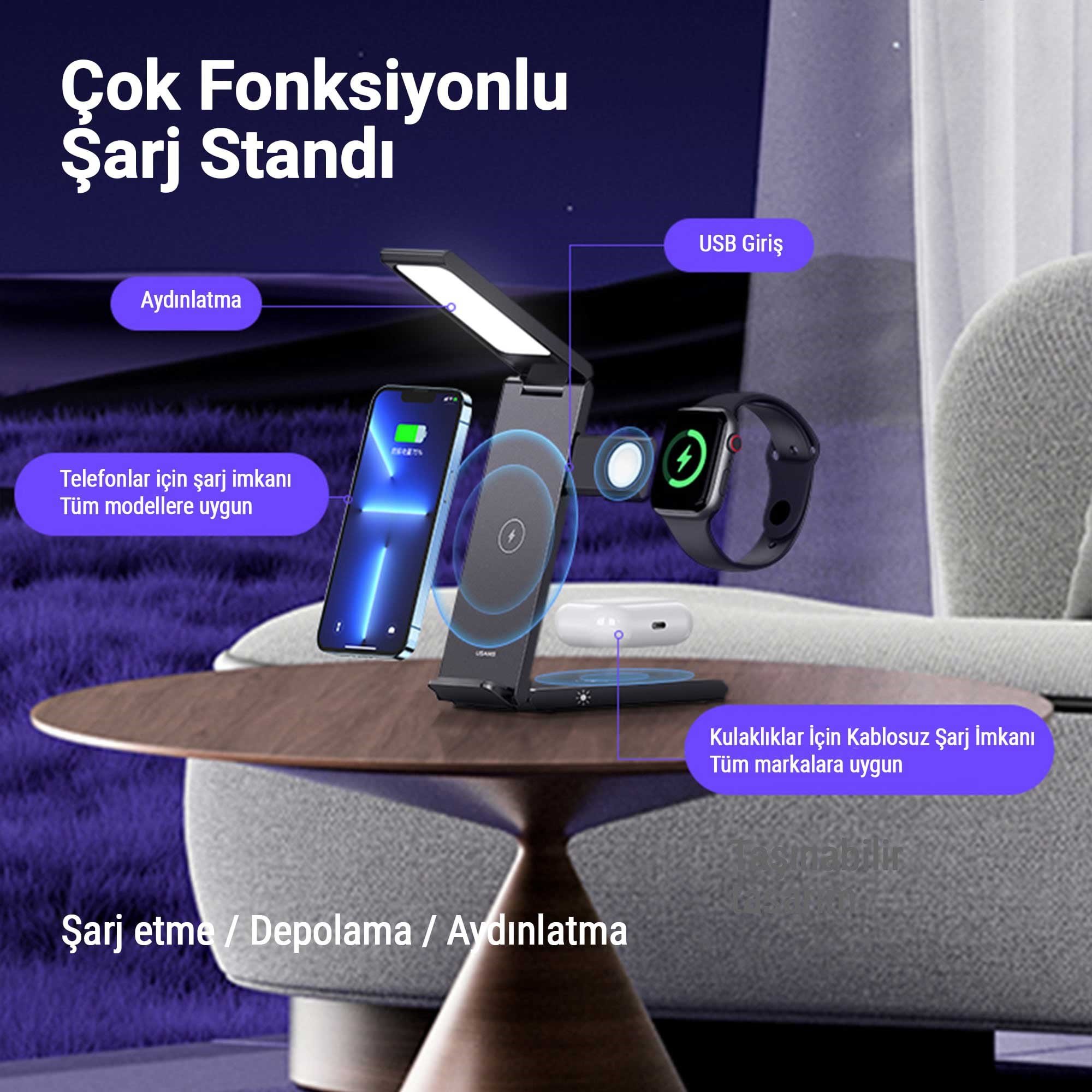 Usams US-CD181 15W 3in1 Arada Masa Lambası Özellikli Katlanabilir Kablosuz Şarj Standı OUTLET