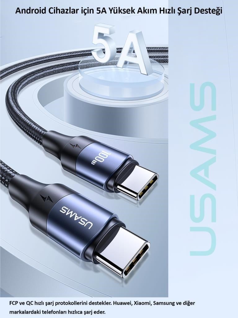 Usams US-SJ524 Örgülü 1.2m Type-C to Type-C 100w PD Hızlı Şarj ve Data Kablosu