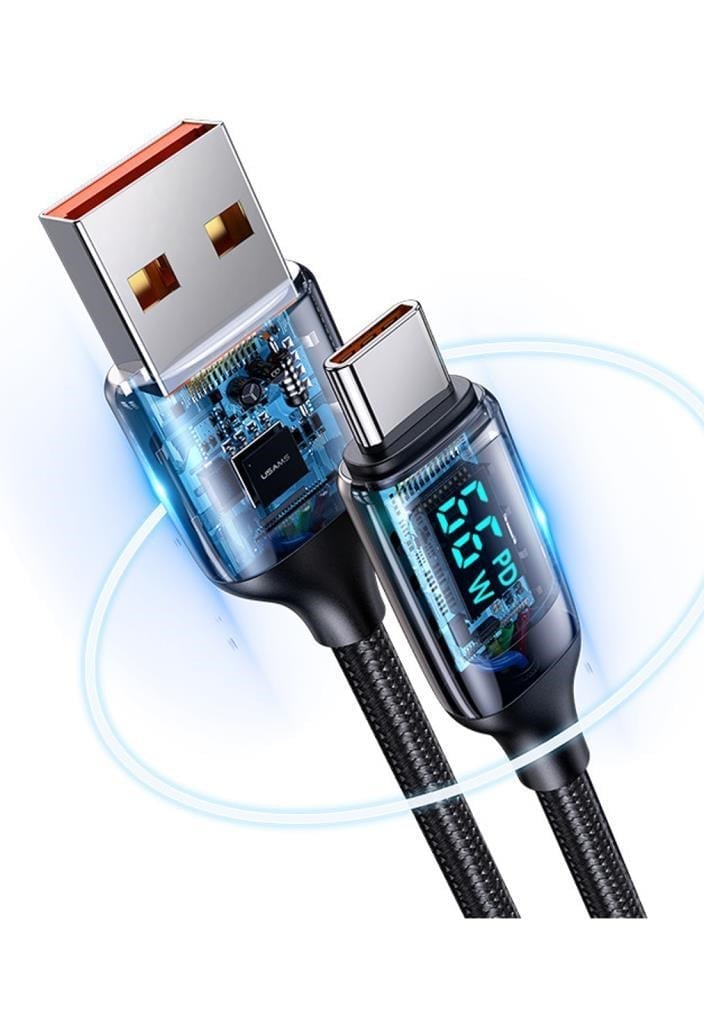 Usams US-SJ544 Dijital Göstergeli,Çipli,Örgülü,1.2m PD 66W USB to Type-C Hızlı Şarj ve Data Kablosu