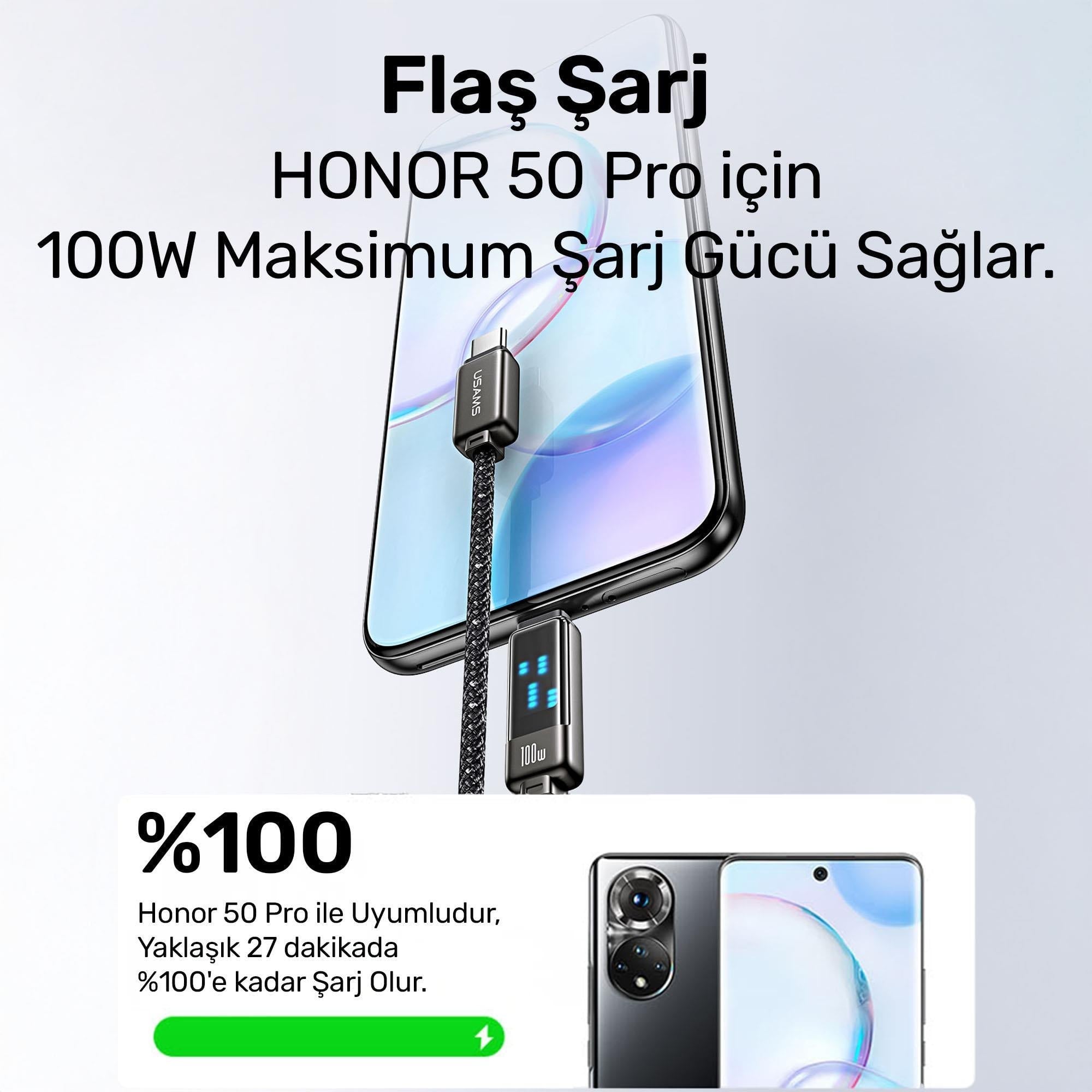 Usams US-SJ744 Type-C To Type-C 100W Meteor Efekt Ekranlı 1.2m Hızlı Şarj ve Data Kablosu Antrasit