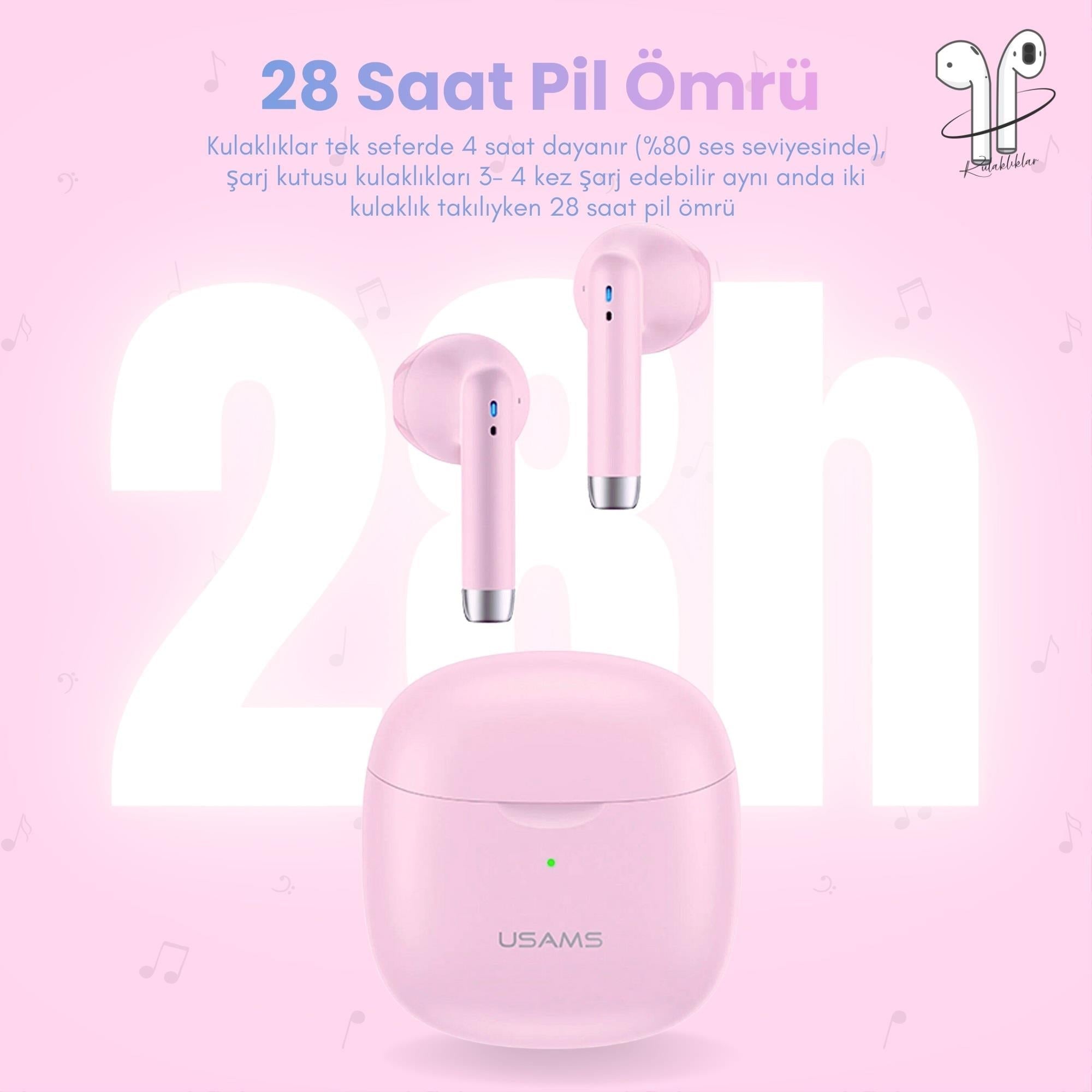 Usams USAMS-IA04 IOS/Android Uyumlu BT5.0 TWS Bluetooth Kulaklık-Pembe