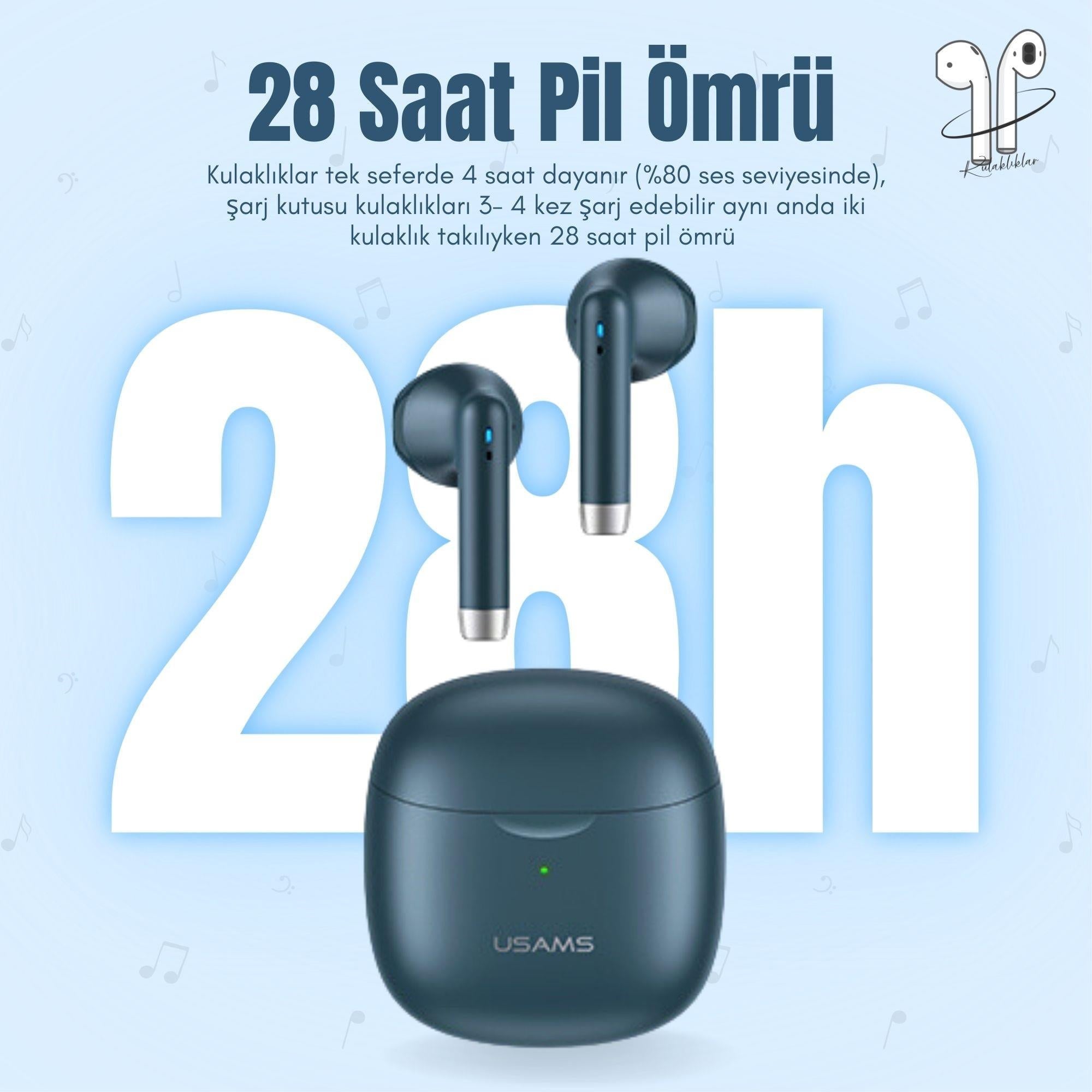 Usams USAMS-IA04 IOS/Android Uyumlu BT5.0 TWS Bluetooth Kulaklık-Mavi