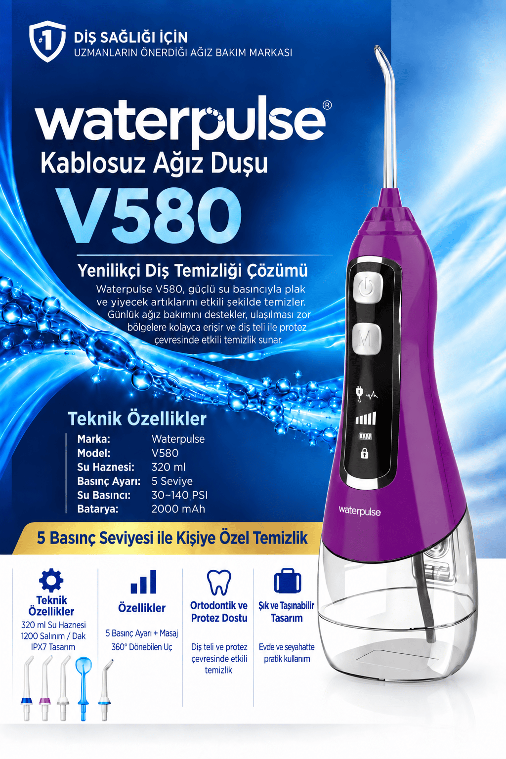 Waterpulse V580 Water Flosser Taşınabilir Şarjlı Masajlı Diş/Protez Bakım ve Ağız Duşu