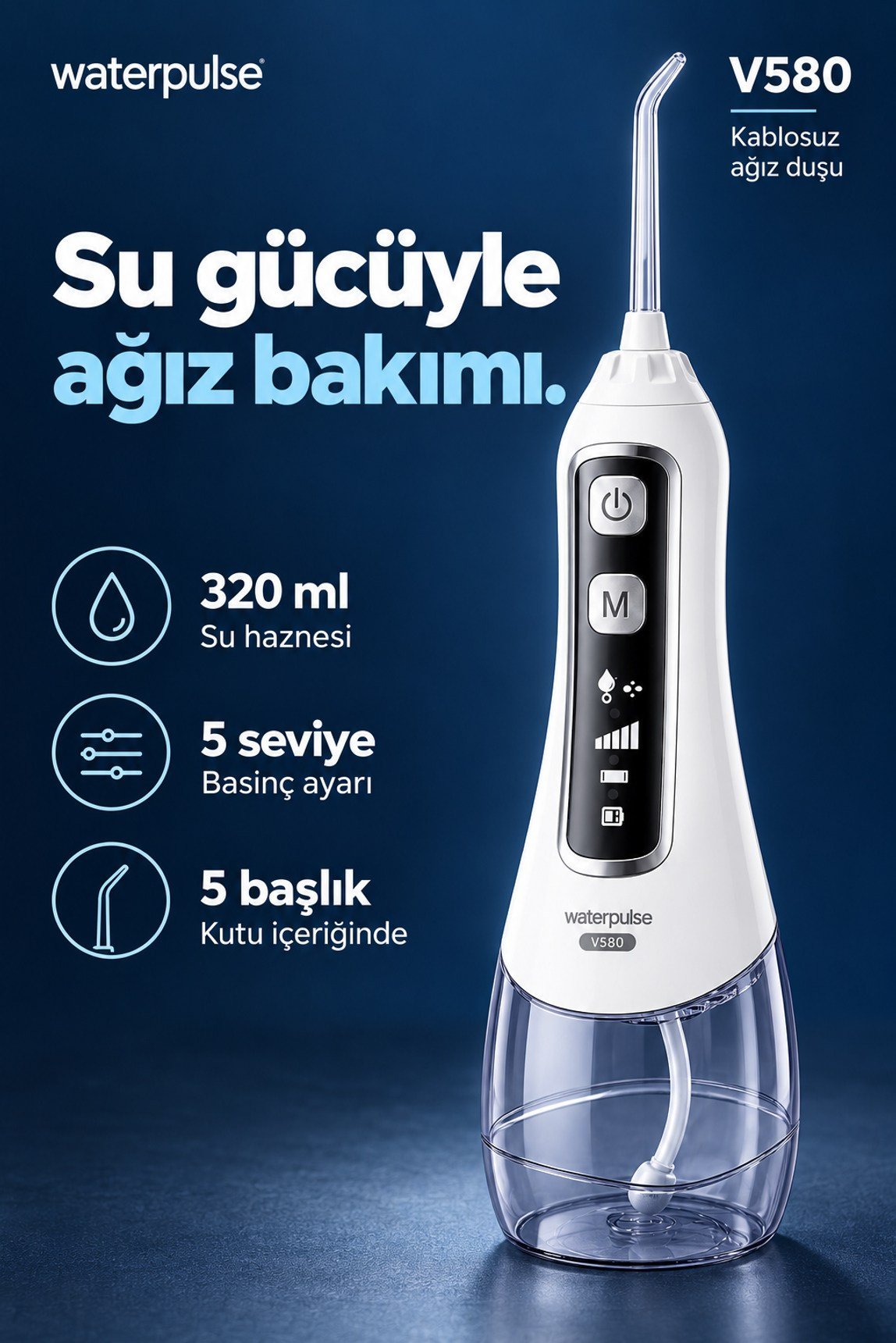 Waterpulse V580 Water Flosser Taşınabilir Şarjlı Masajlı Diş/Protez Bakım ve Ağız Duşu